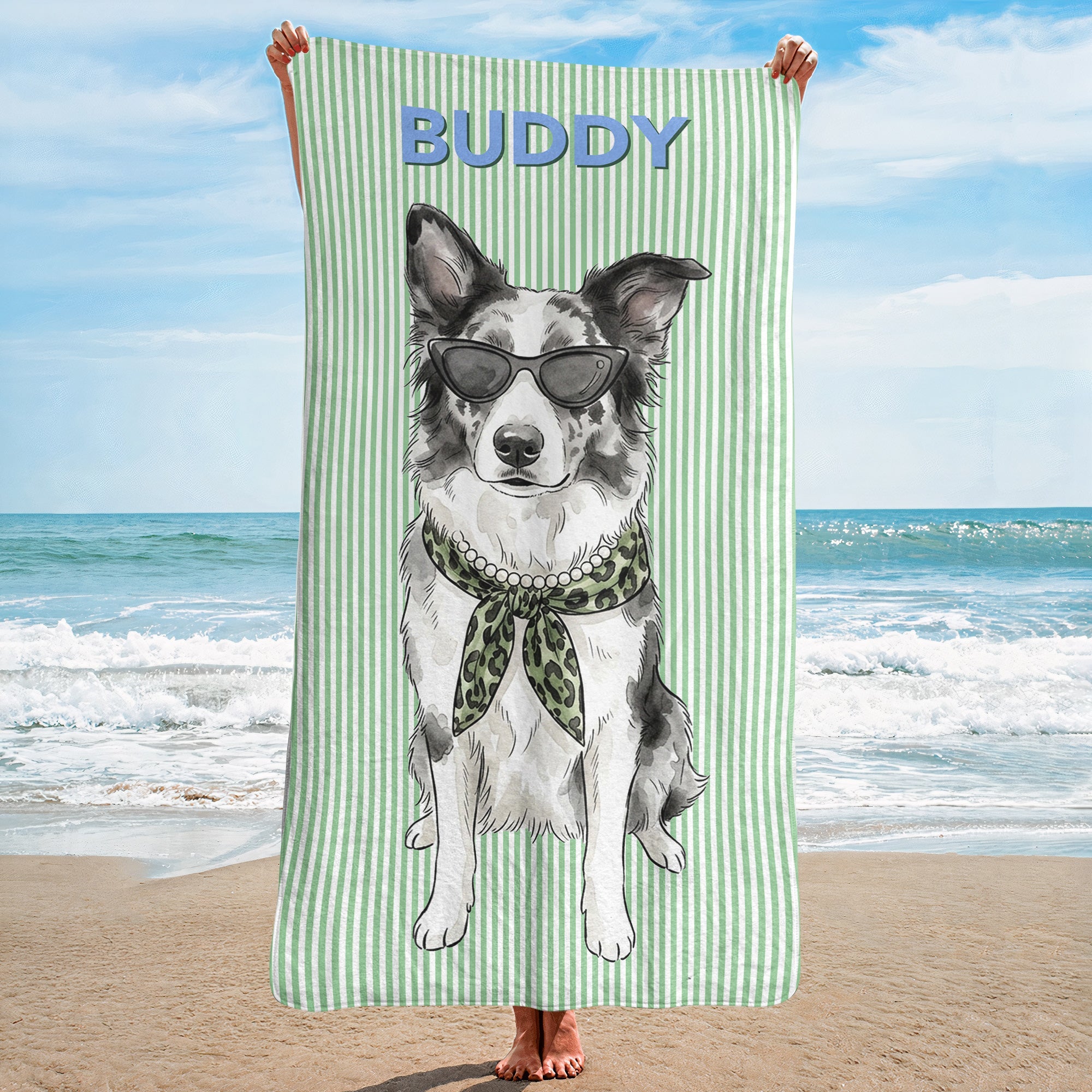 Custom Pet Portrait Watercolor Striped Pattern Summer Gifts For Pet Lovers - Personalized Beach Towel