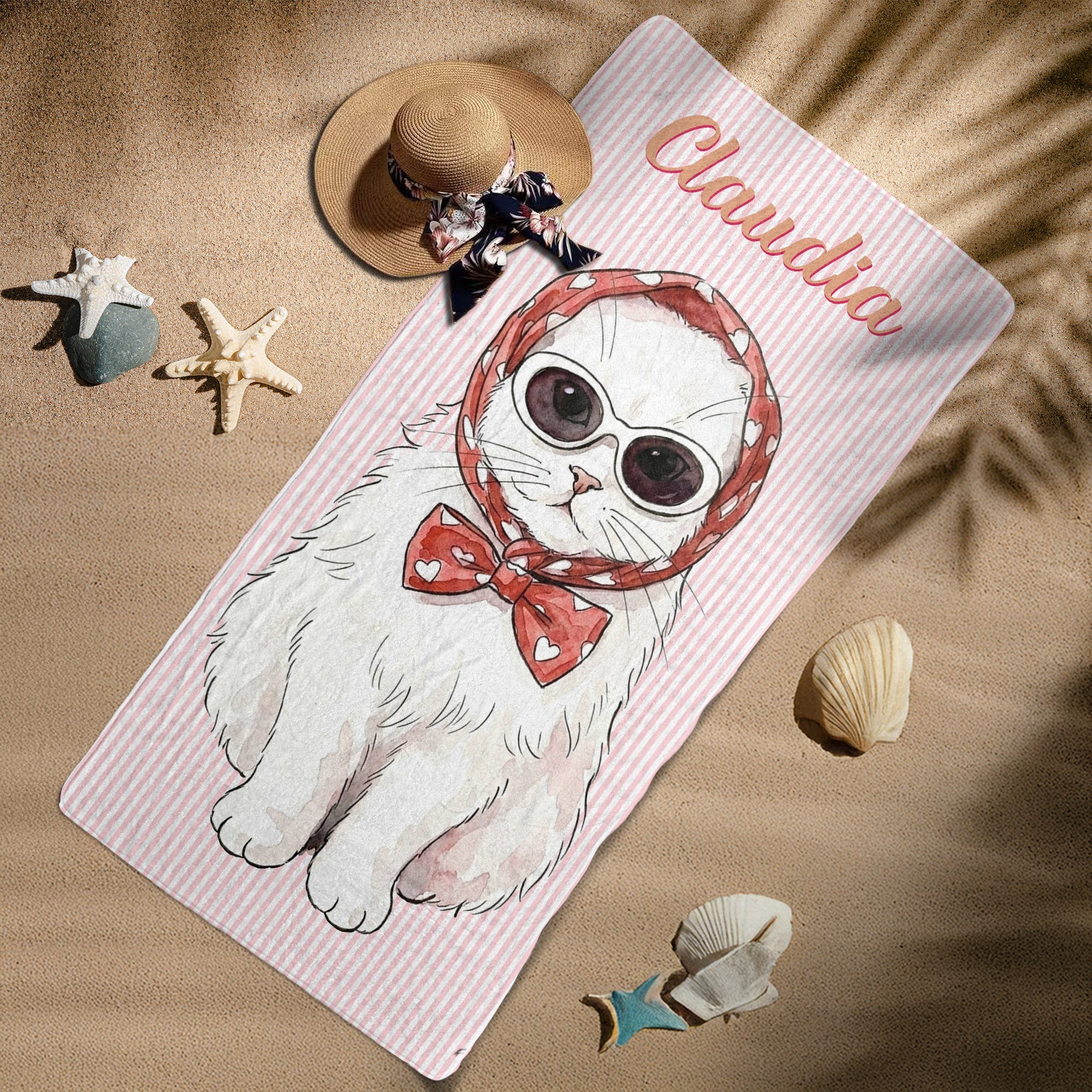 Custom Pet Portrait Watercolor Striped Pattern Summer Gifts For Pet Lovers - Personalized Beach Towel