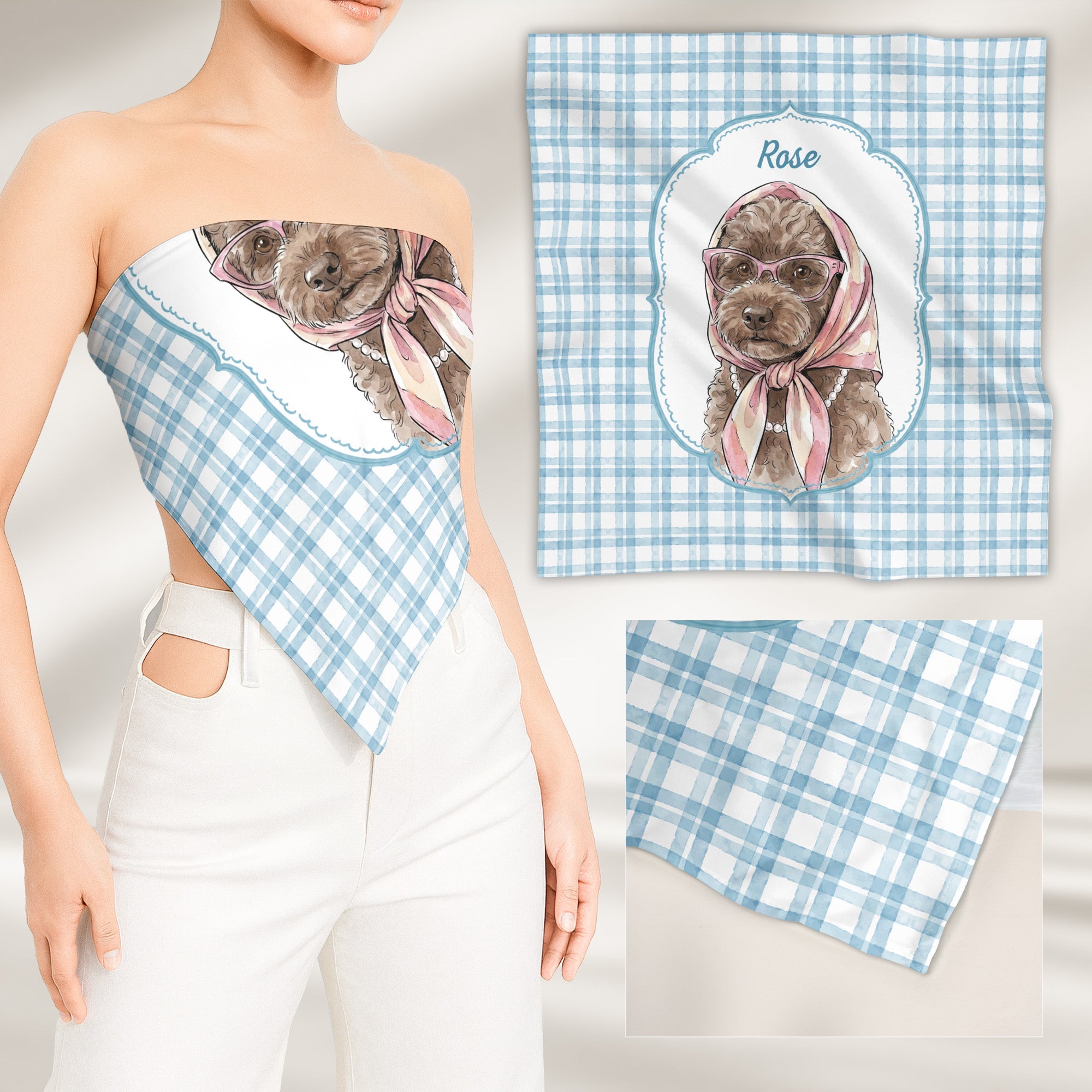 Custom Pet Portrait Watercolor Striped Patterns - Personalized Satin Scarf