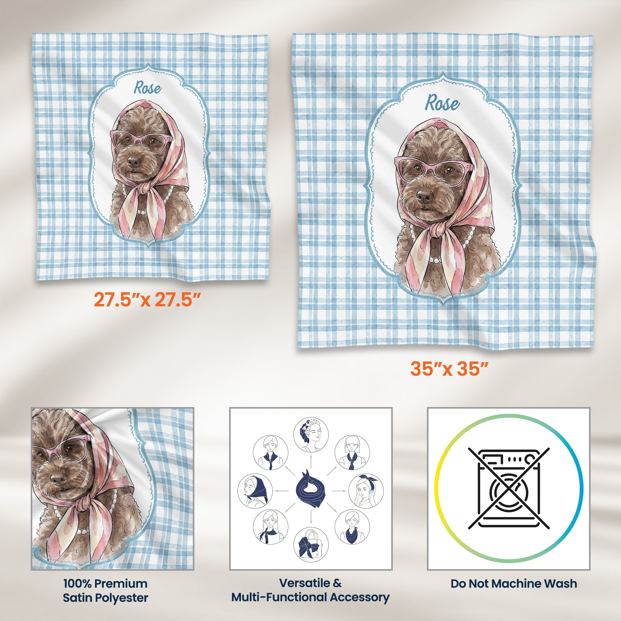 Custom Pet Portrait Watercolor Striped Patterns - Personalized Satin Scarf