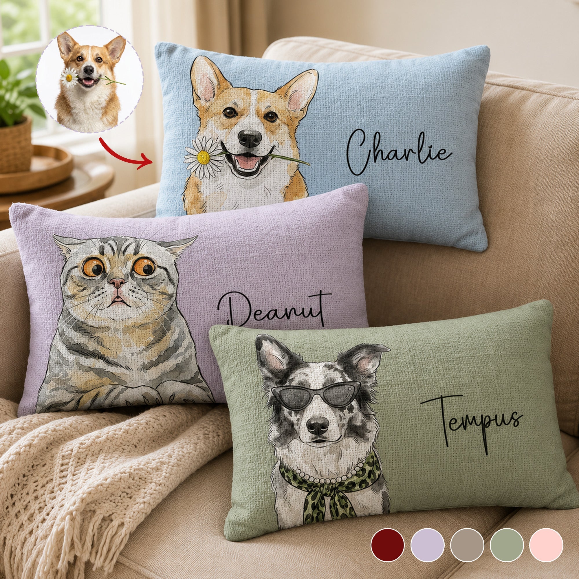 Custom Pet Portrait Watercolor Woven Pillow - Personalized Pillow Cover