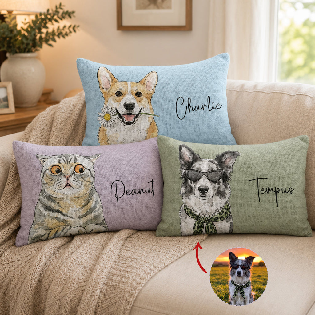 Custom Pet Portrait Watercolor Woven Pillow - Personalized Pillow Cover