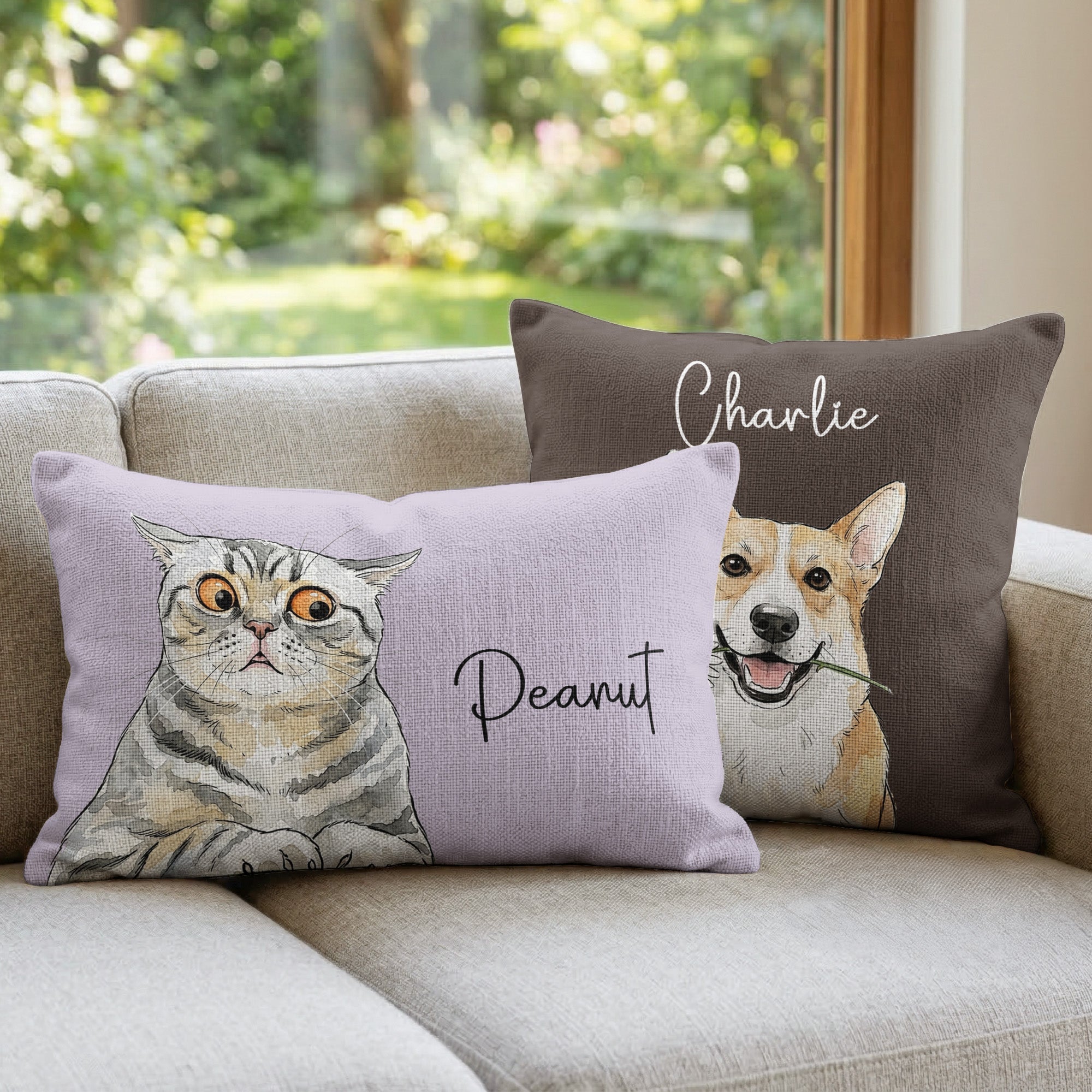 Custom Pet Portrait Watercolor Woven Pillow - Personalized Pillow Cover