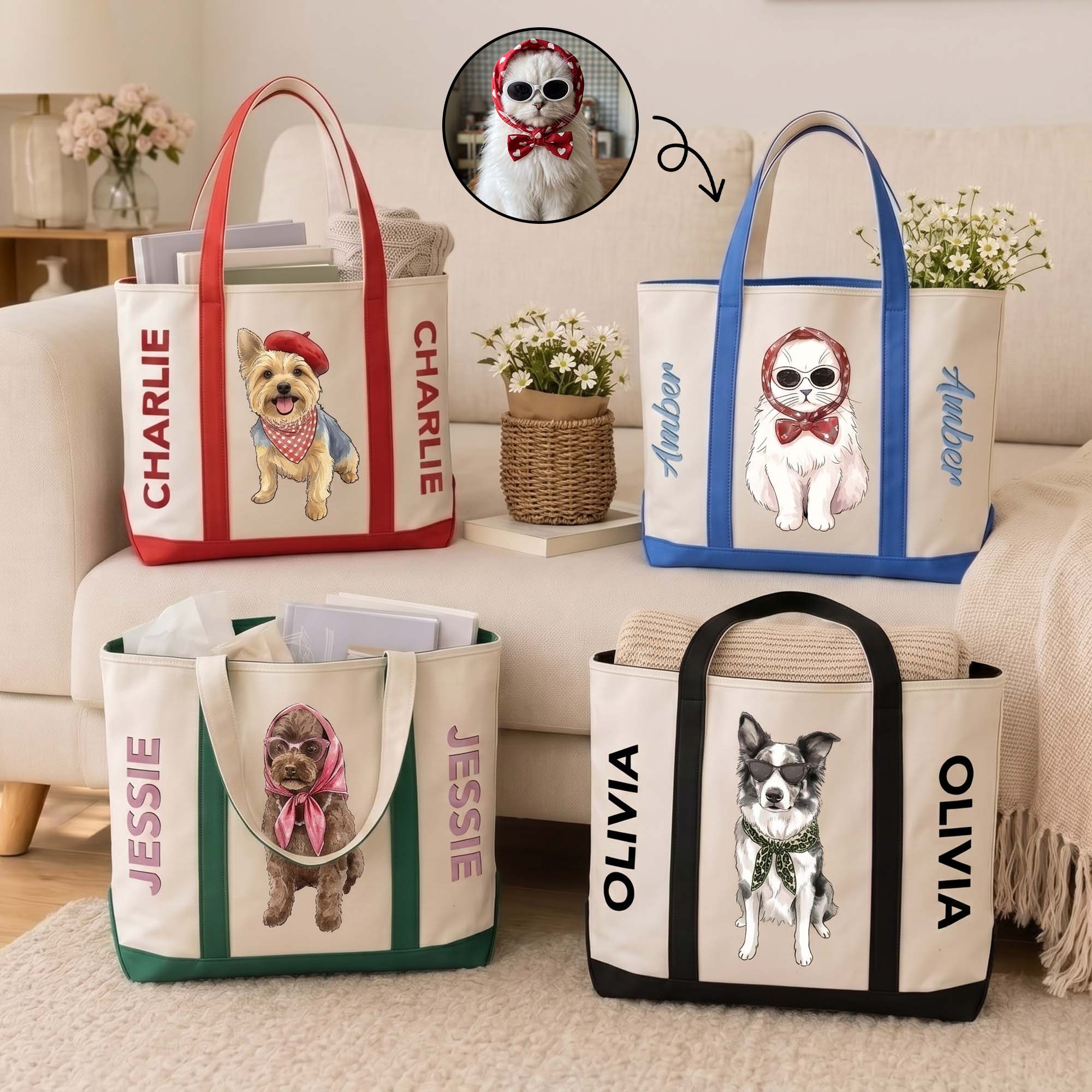 Custom Pet Portrait With Name Colorful Gift For Dog Mom, Cat Mom - Personalized Tote Bag