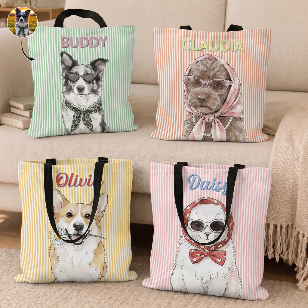 Custom Pet Portrait With Name Watercolor Art Striped Pattern - Personalized Tote Bag