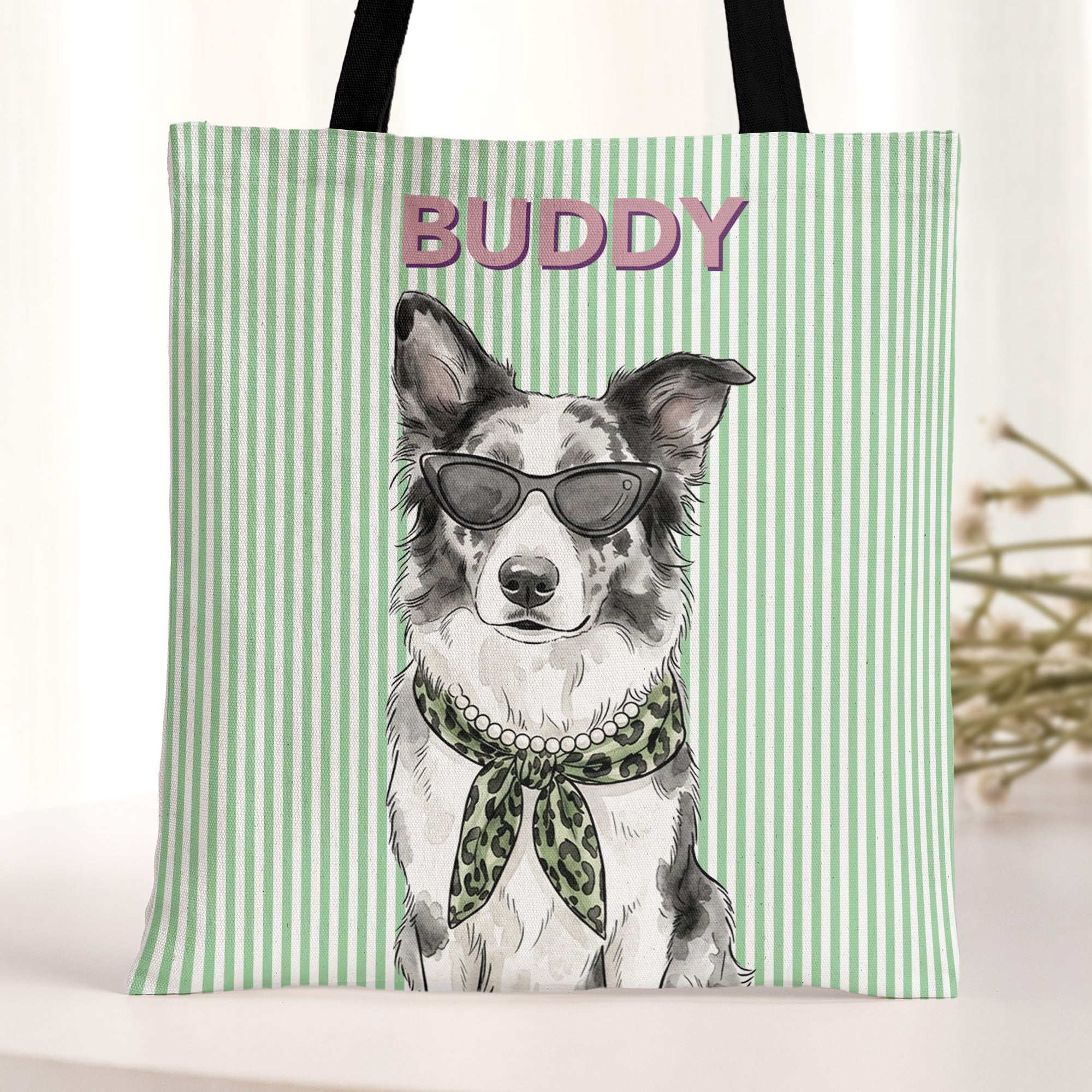 Custom Pet Portrait With Name Watercolor Art Striped Pattern - Personalized Tote Bag