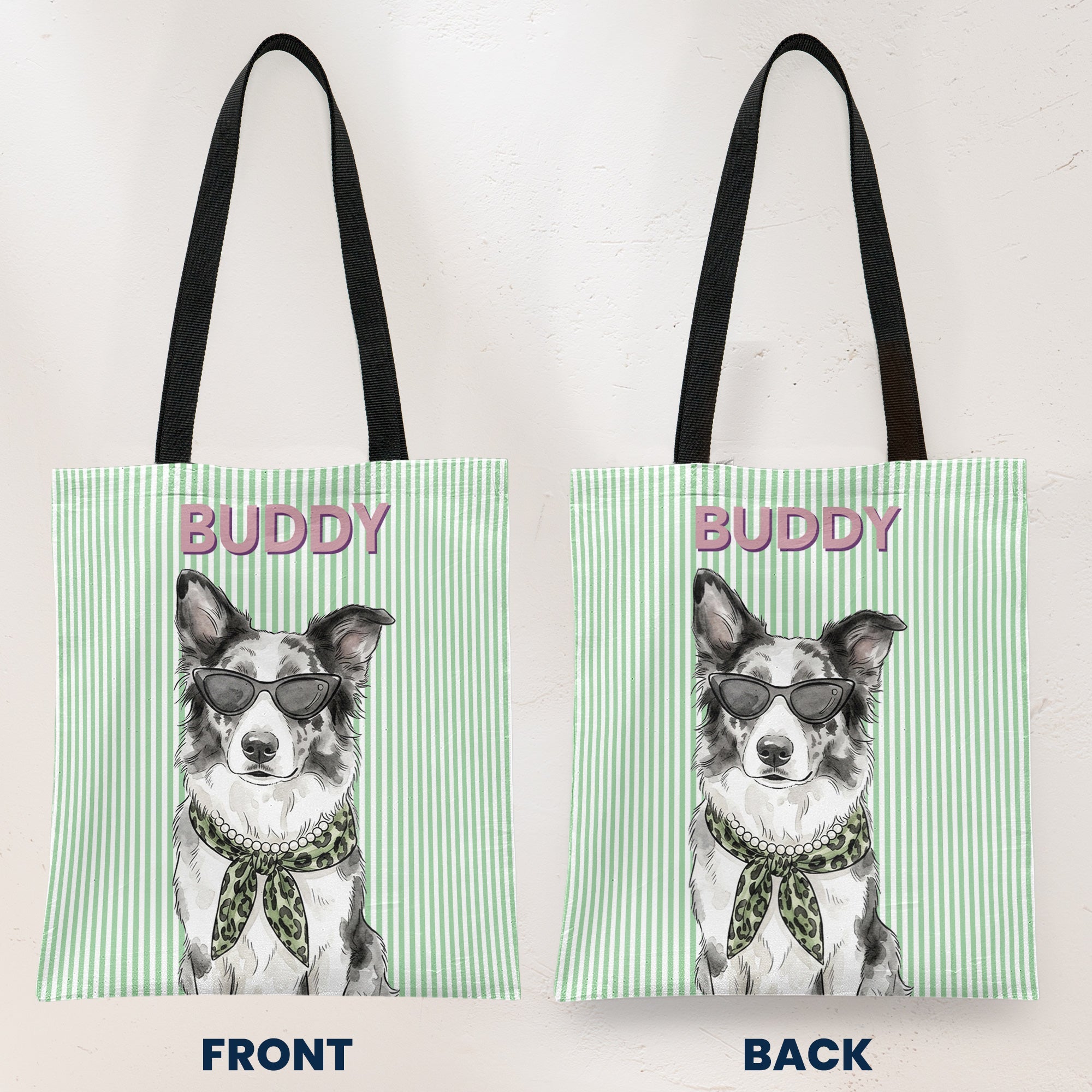 Custom Pet Portrait With Name Watercolor Art Striped Pattern - Personalized Tote Bag