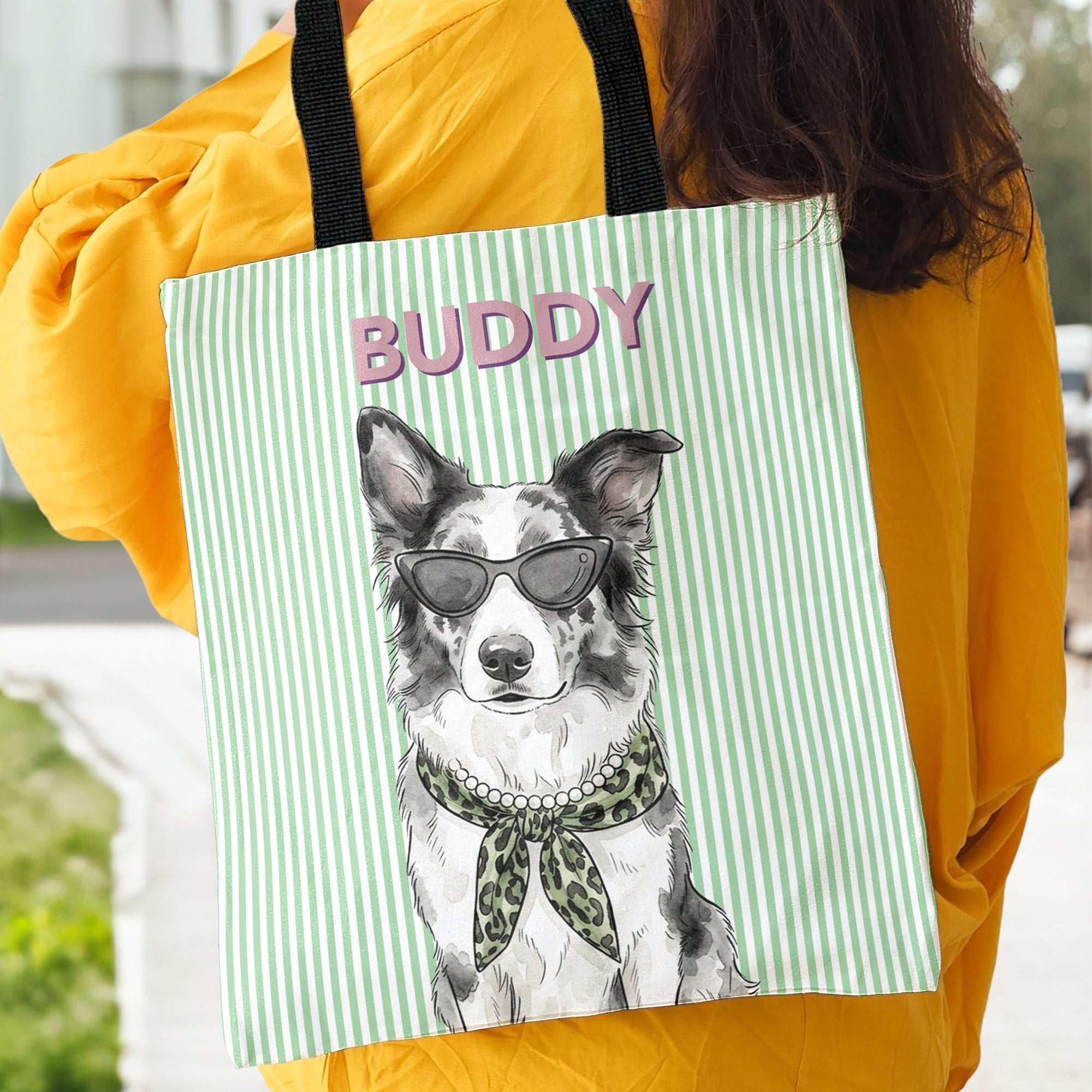Custom Pet Portrait With Name Watercolor Art Striped Pattern - Personalized Tote Bag