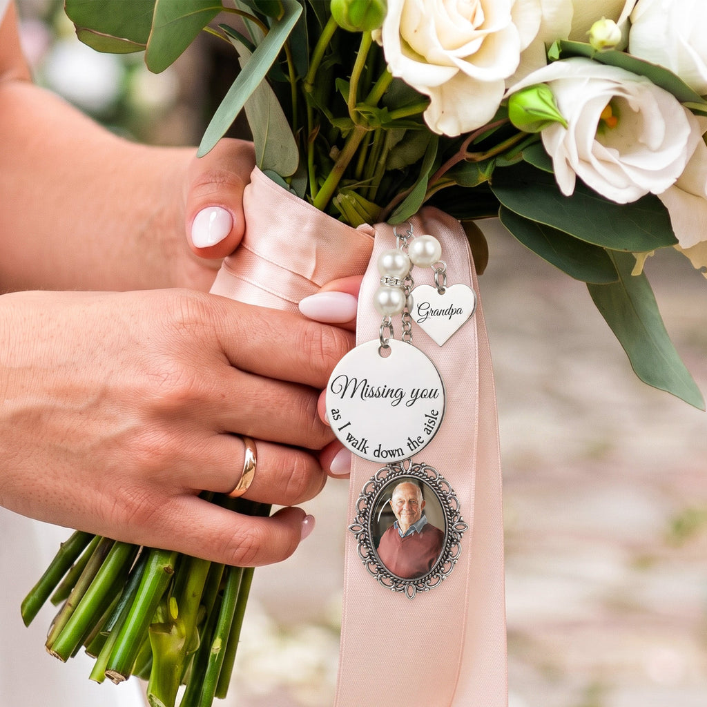 Custom Photo Bouquet Charm With Heart Pendant Memorial Wedding Gift For Bride - Personalized Bouquet Charm