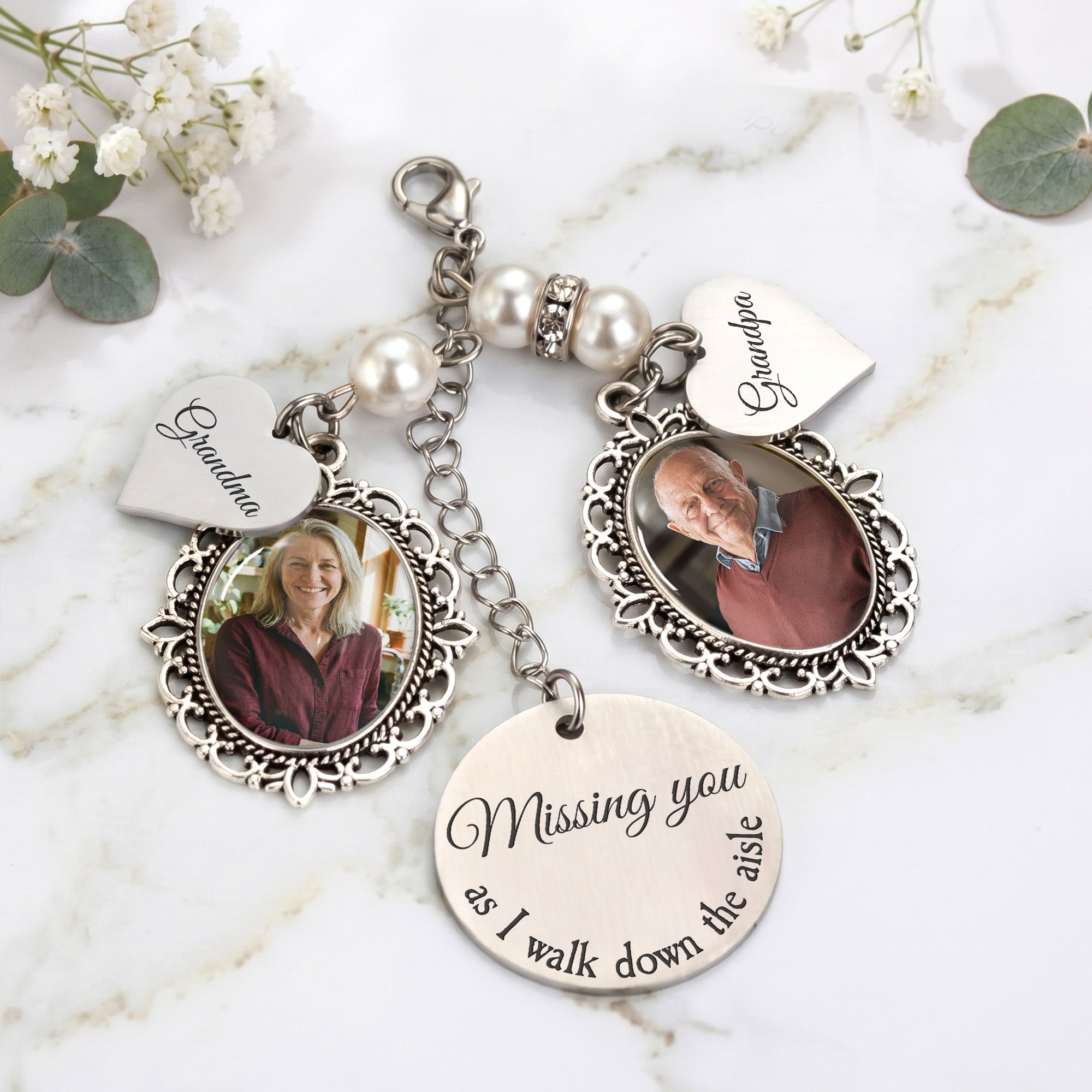Custom Photo Bouquet Charm With Heart Pendant Memorial Wedding Gift For Bride - Personalized Bouquet Charm
