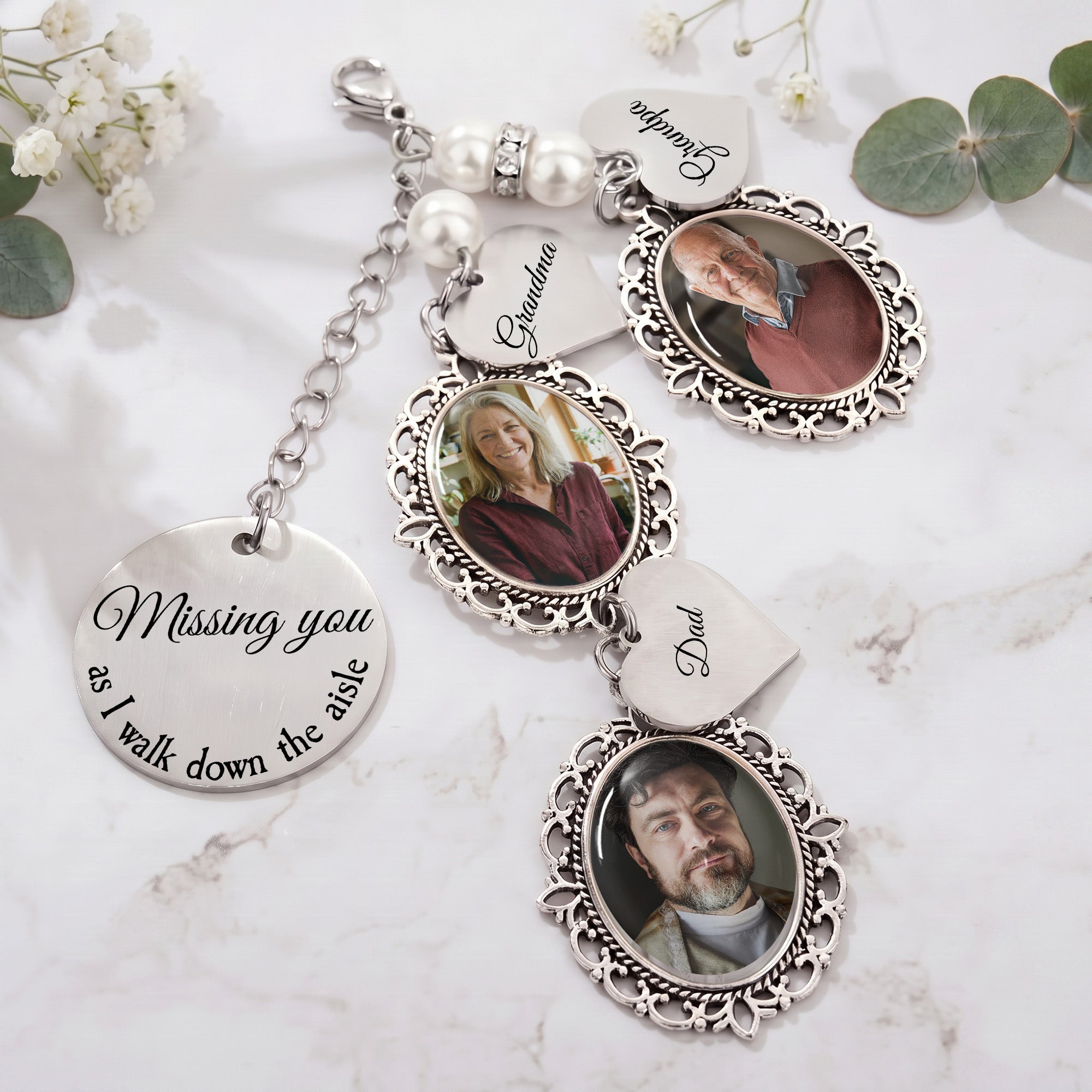Custom Photo Bouquet Charm With Heart Pendant Memorial Wedding Gift For Bride - Personalized Bouquet Charm