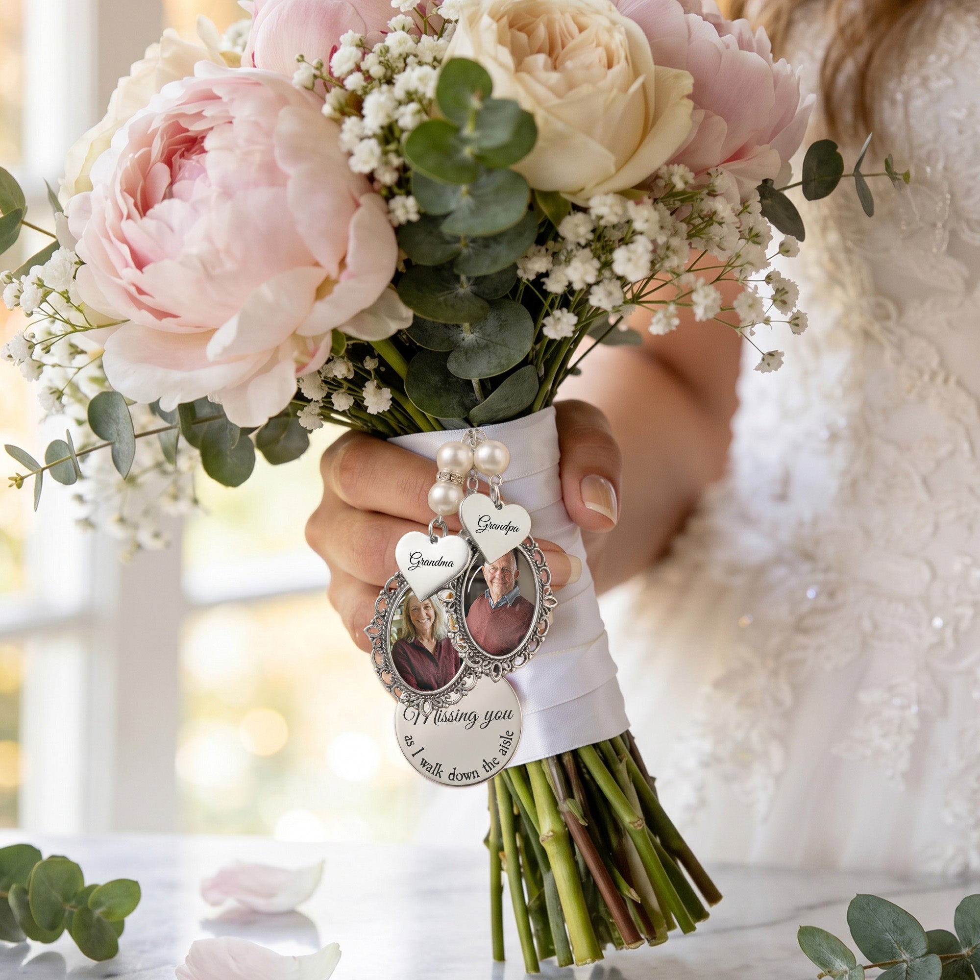 Custom Photo Bouquet Charm With Heart Pendant Memorial Wedding Gift For Bride - Personalized Bouquet Charm