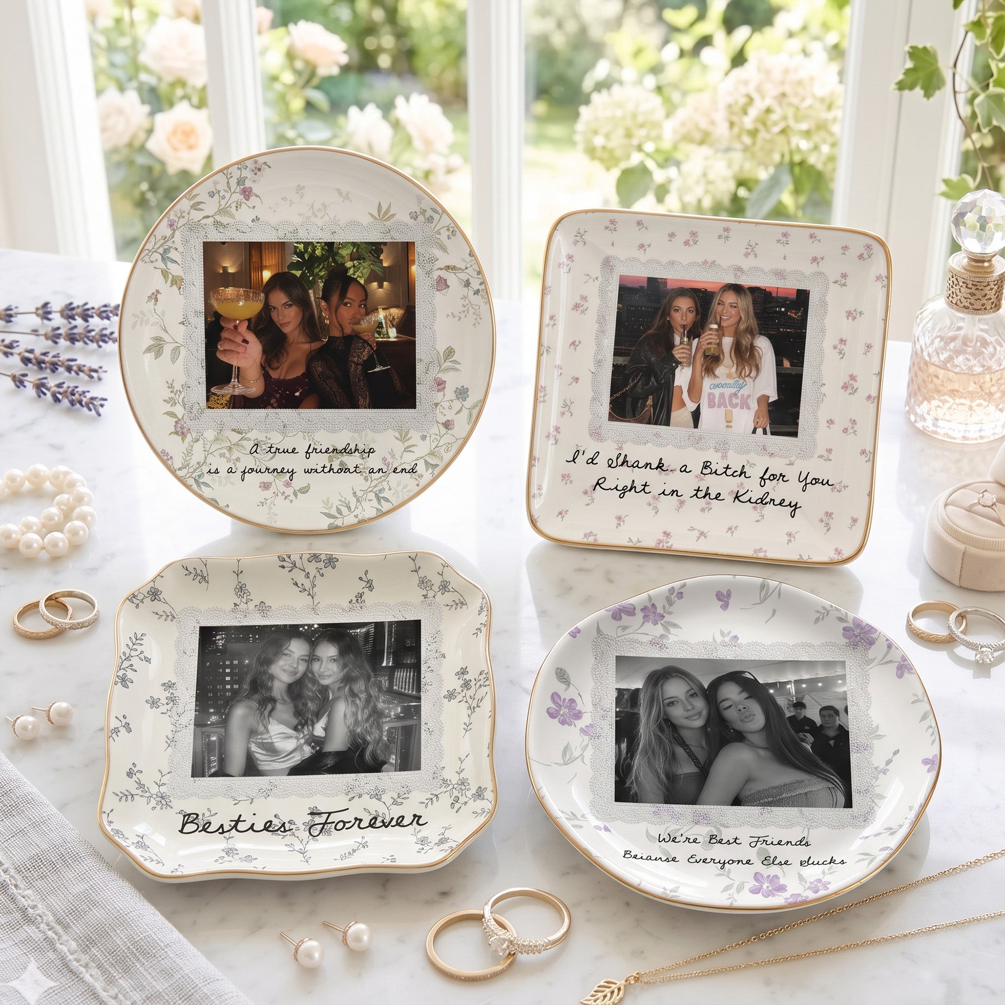 Custom Photo & Friendship Quote - Floral Vintage Cottage - Personalized Jewelry Dish