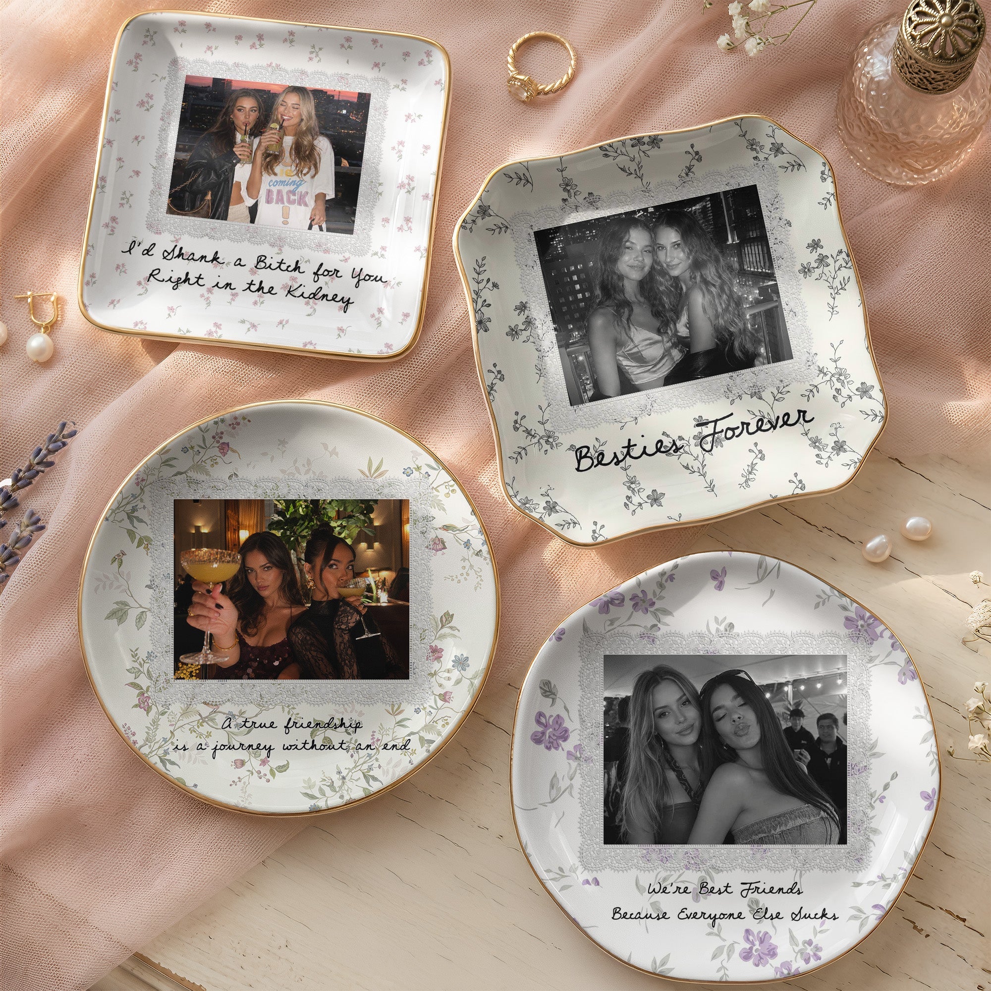 Custom Photo & Friendship Quote - Floral Vintage Cottage - Personalized Jewelry Dish