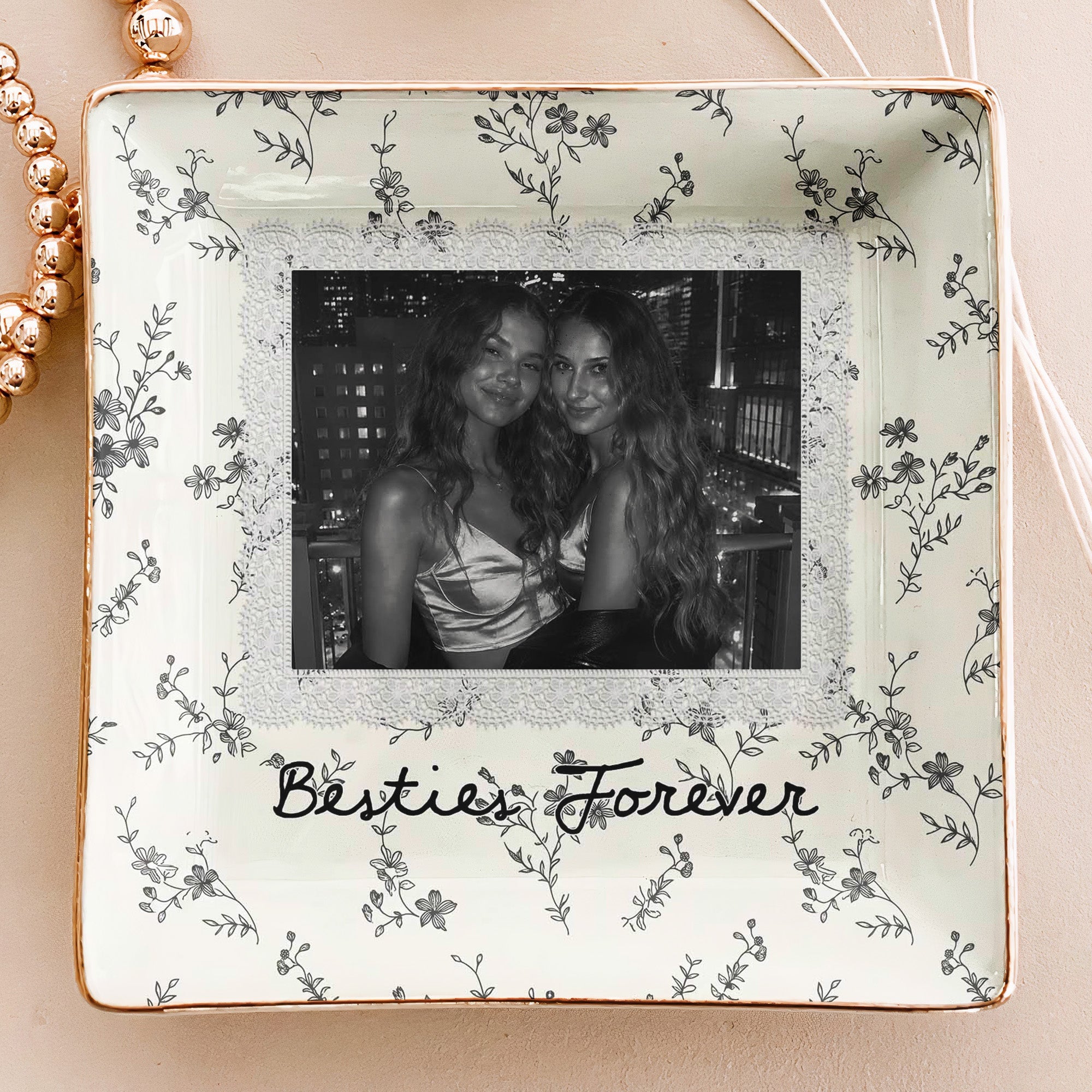 Custom Photo & Friendship Quote - Floral Vintage Cottage - Personalized Jewelry Dish