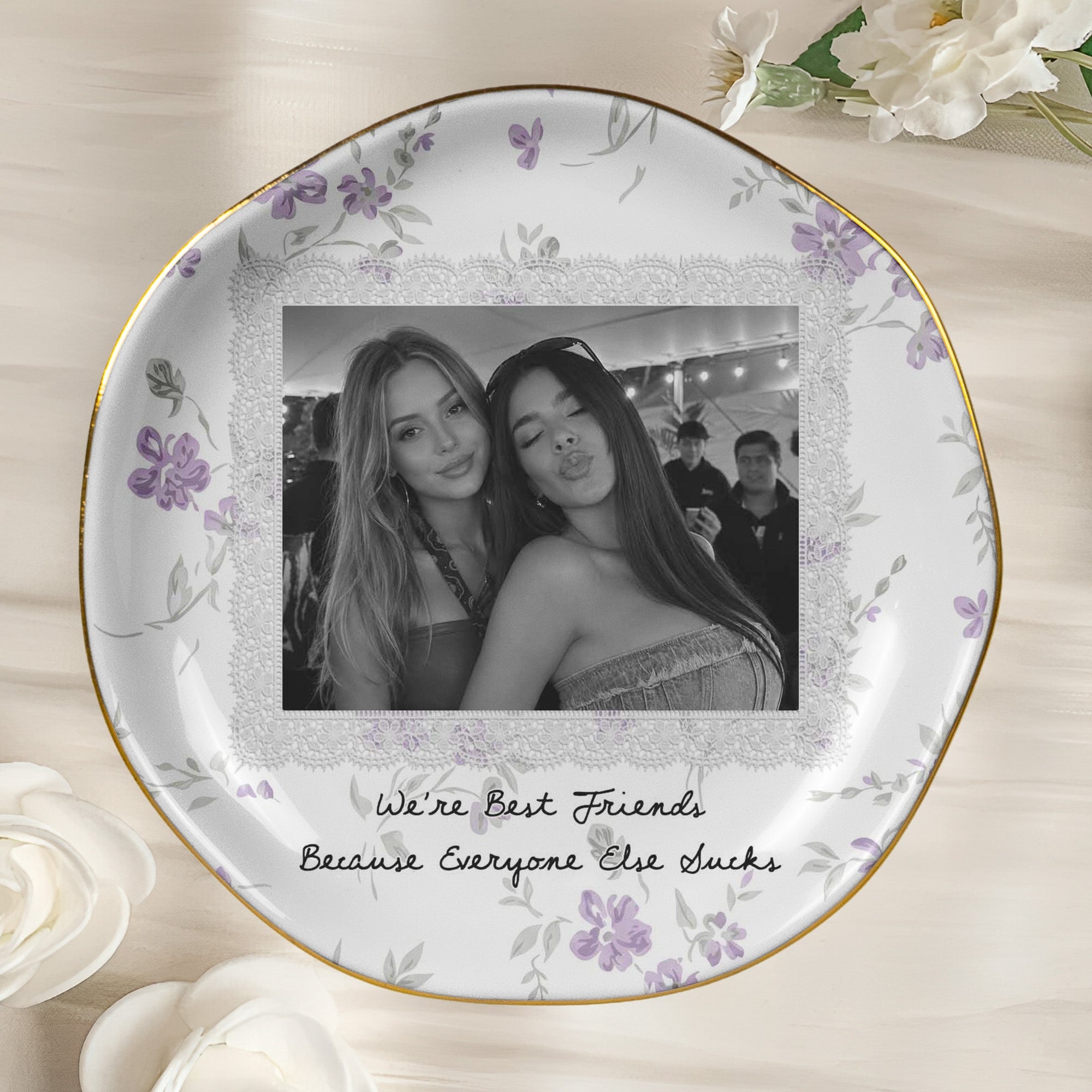 Custom Photo & Friendship Quote - Floral Vintage Cottage - Personalized Jewelry Dish