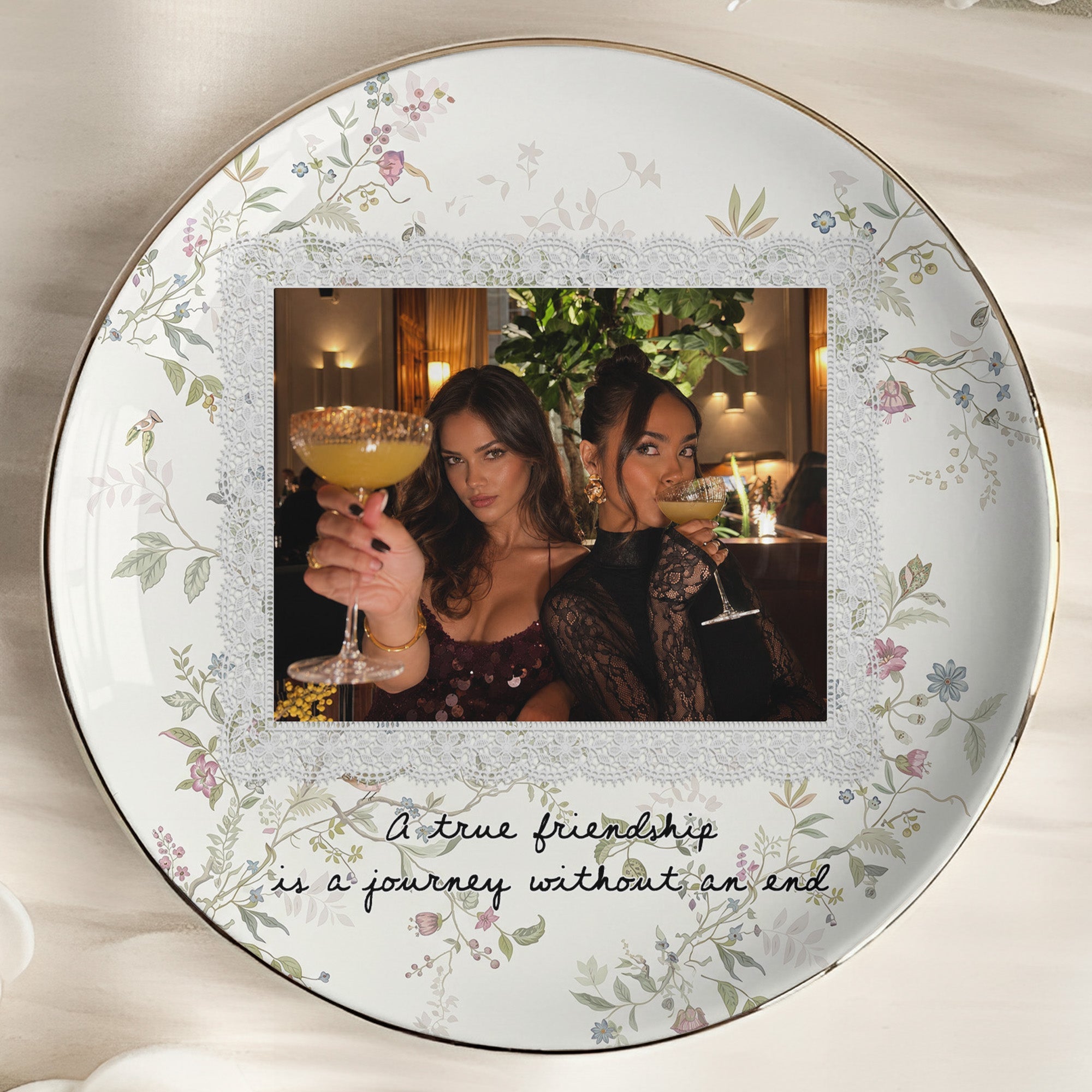 Custom Photo & Friendship Quote - Floral Vintage Cottage - Personalized Jewelry Dish