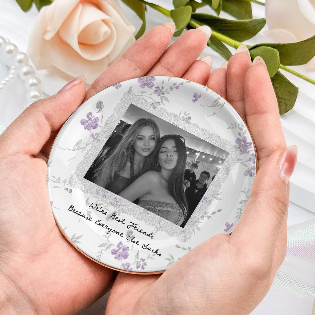 Custom Photo & Friendship Quote - Floral Vintage Cottage - Personalized Jewelry Dish