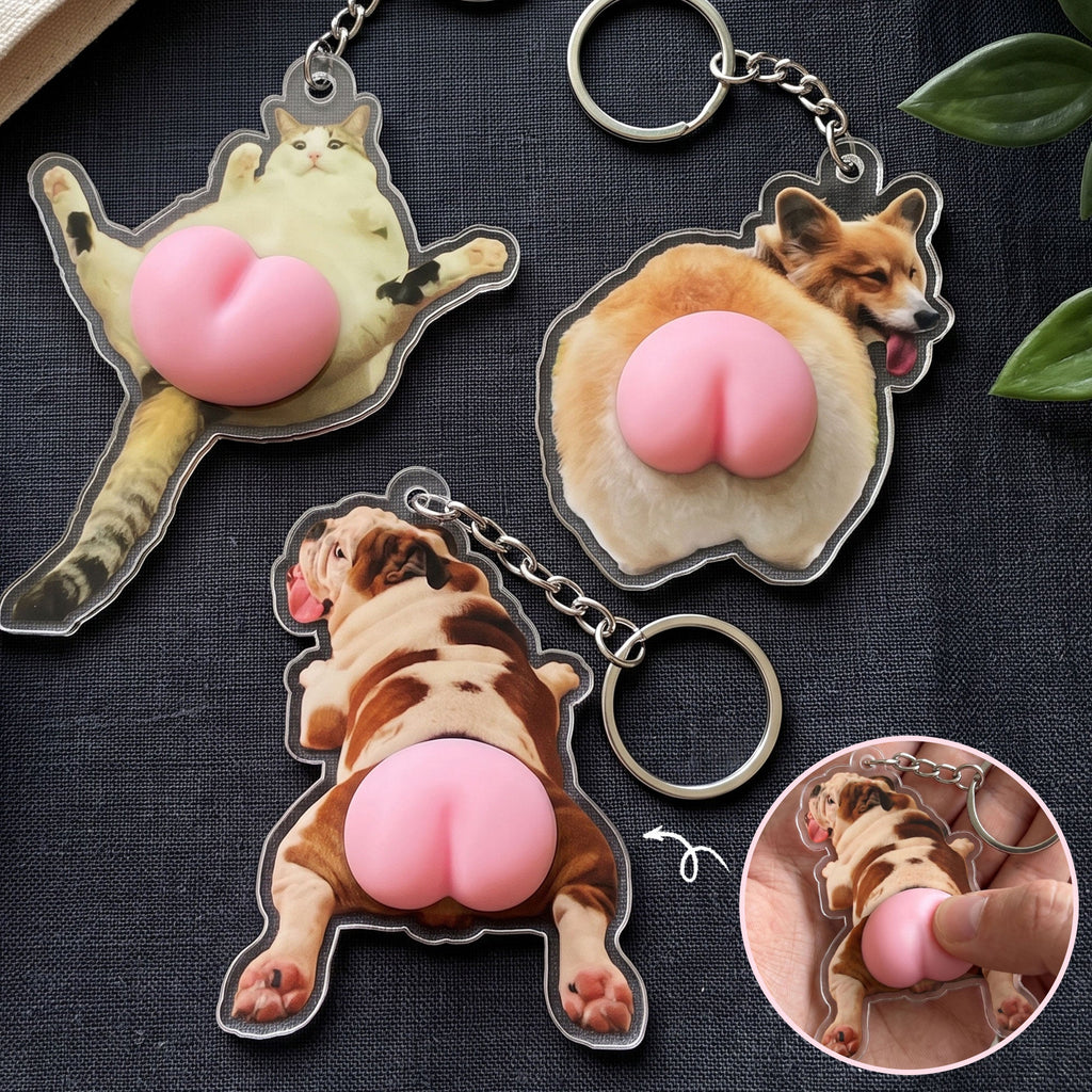 Custom Photo Pet, Cute Dog, Cat 3D Squishy Pink Butt - Personalized Keychain
