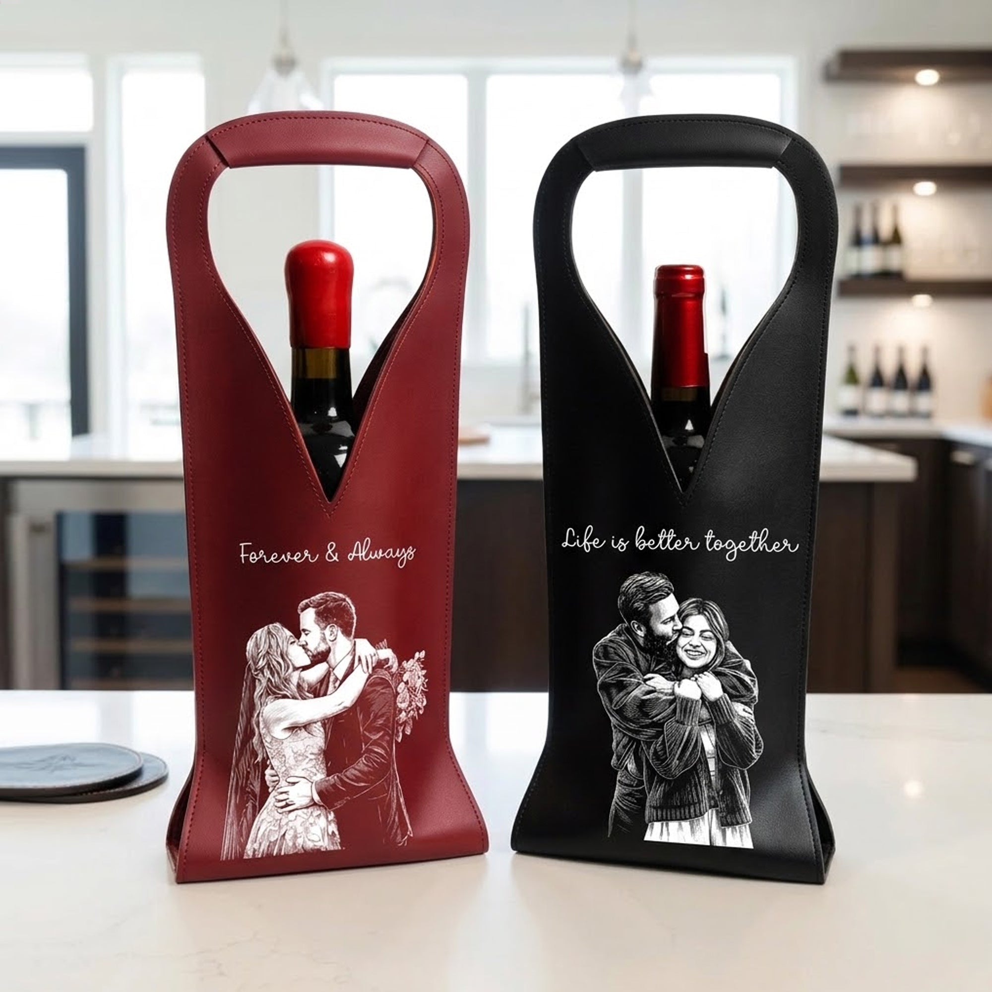 Custom Photo Sketch Line Art Anniversary Wedding Gifts For Couple - Personalized Leather Wine Bag
