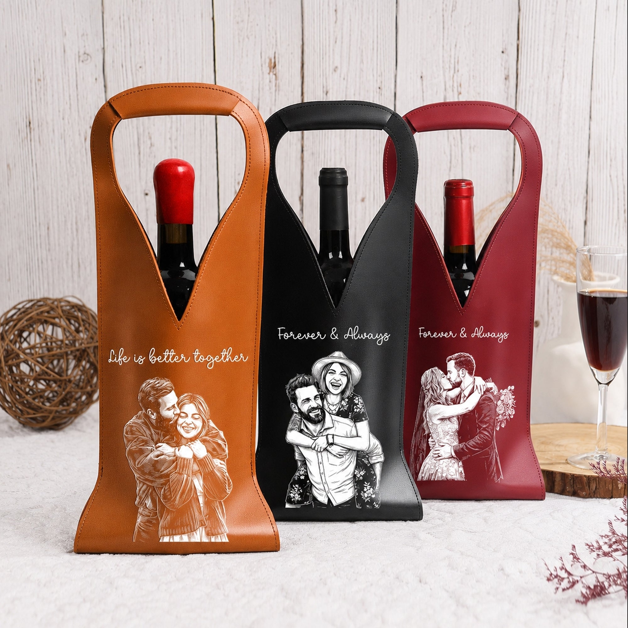Custom Photo Sketch Line Art Anniversary Wedding Gifts For Couple - Personalized Leather Wine Bag