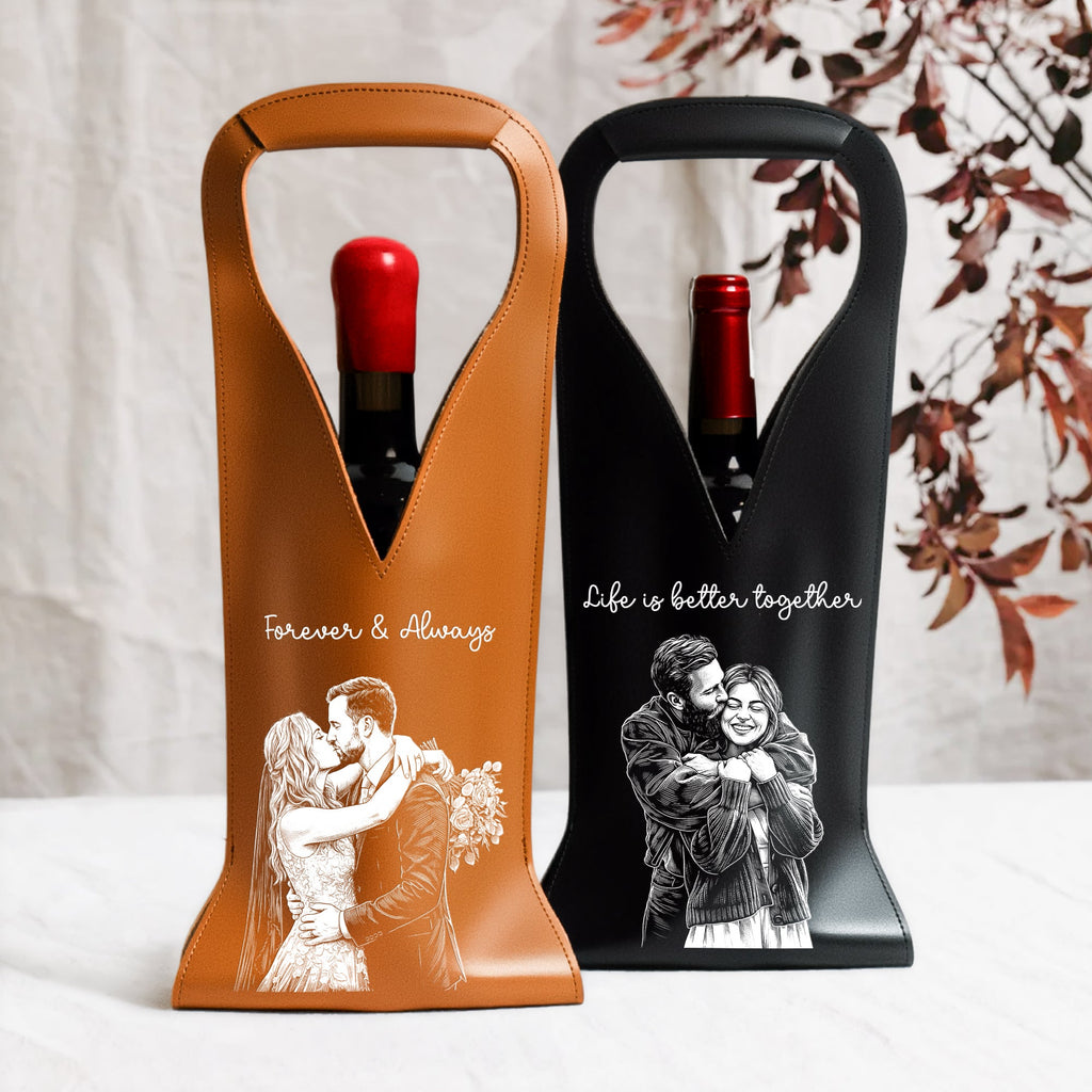 Custom Photo Sketch Line Art Anniversary Wedding Gifts For Couple - Personalized Leather Wine Bag