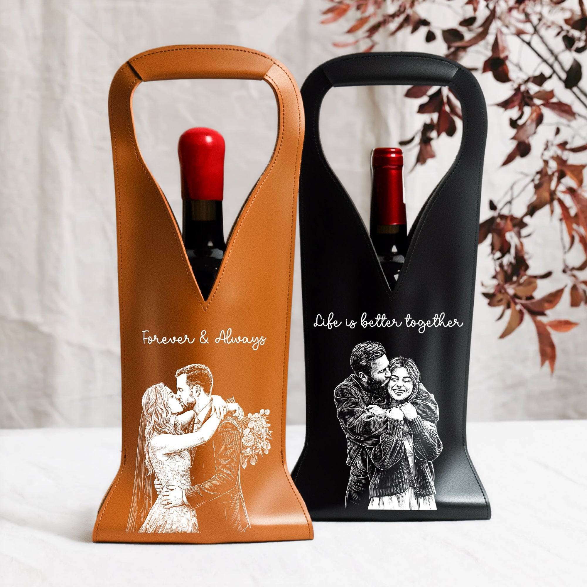 Custom Photo Sketch Line Art Anniversary Wedding Gifts For Couple - Personalized Leather Wine Bag