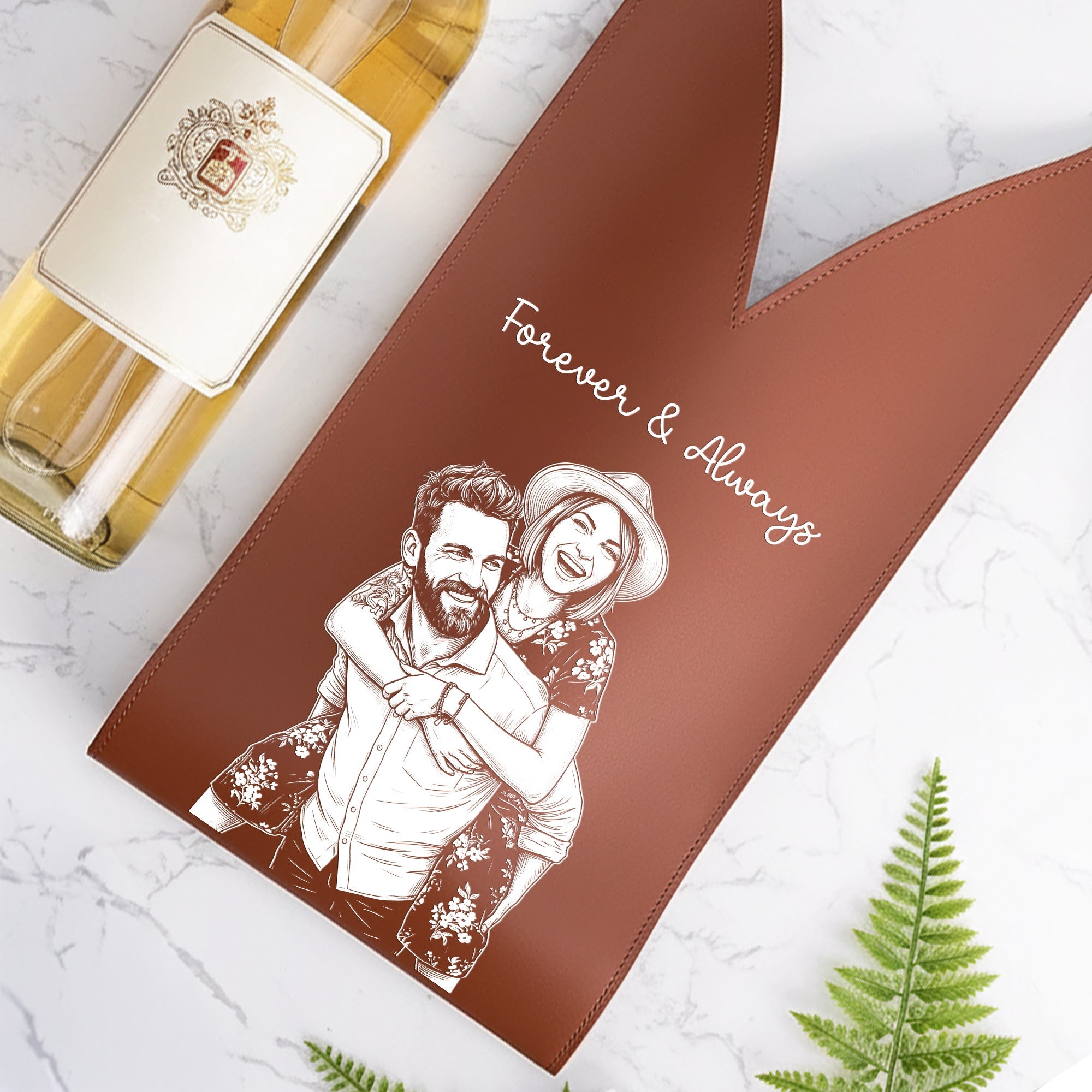 Custom Photo Sketch Line Art Anniversary Wedding Gifts For Couple - Personalized Leather Wine Bag