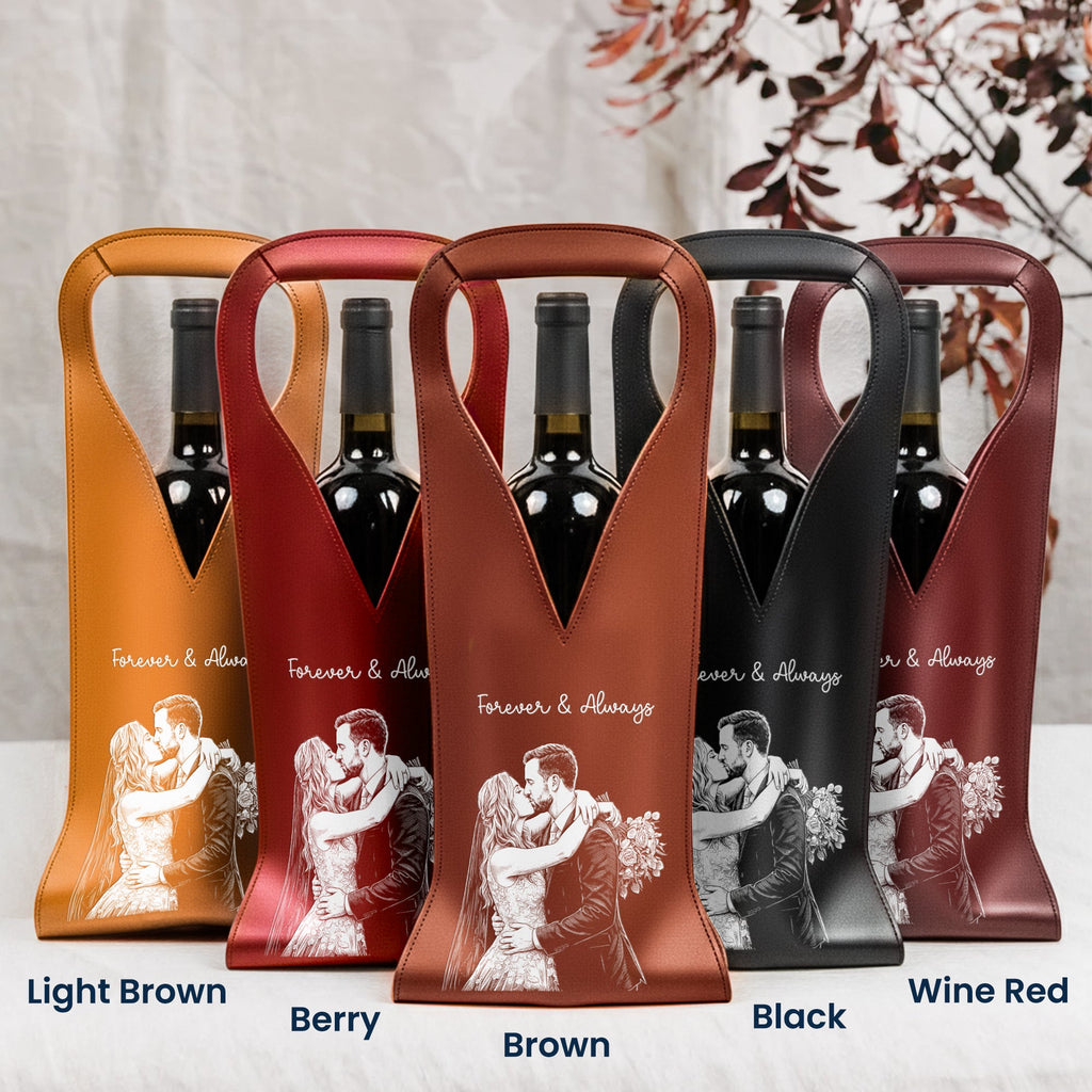 Custom Photo Sketch Line Art Anniversary Wedding Gifts For Couple - Personalized Leather Wine Bag