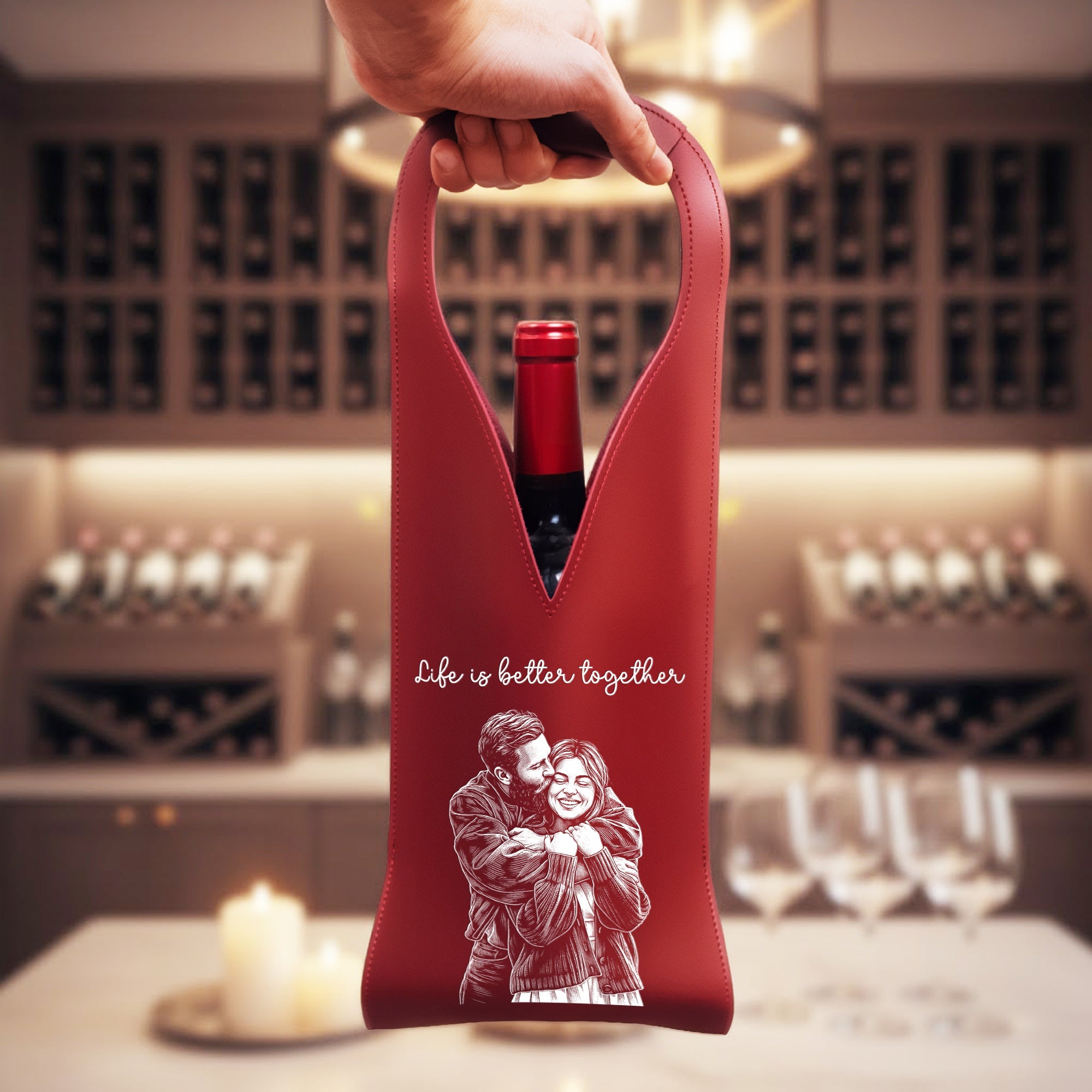 Custom Photo Sketch Line Art Anniversary Wedding Gifts For Couple - Personalized Leather Wine Bag