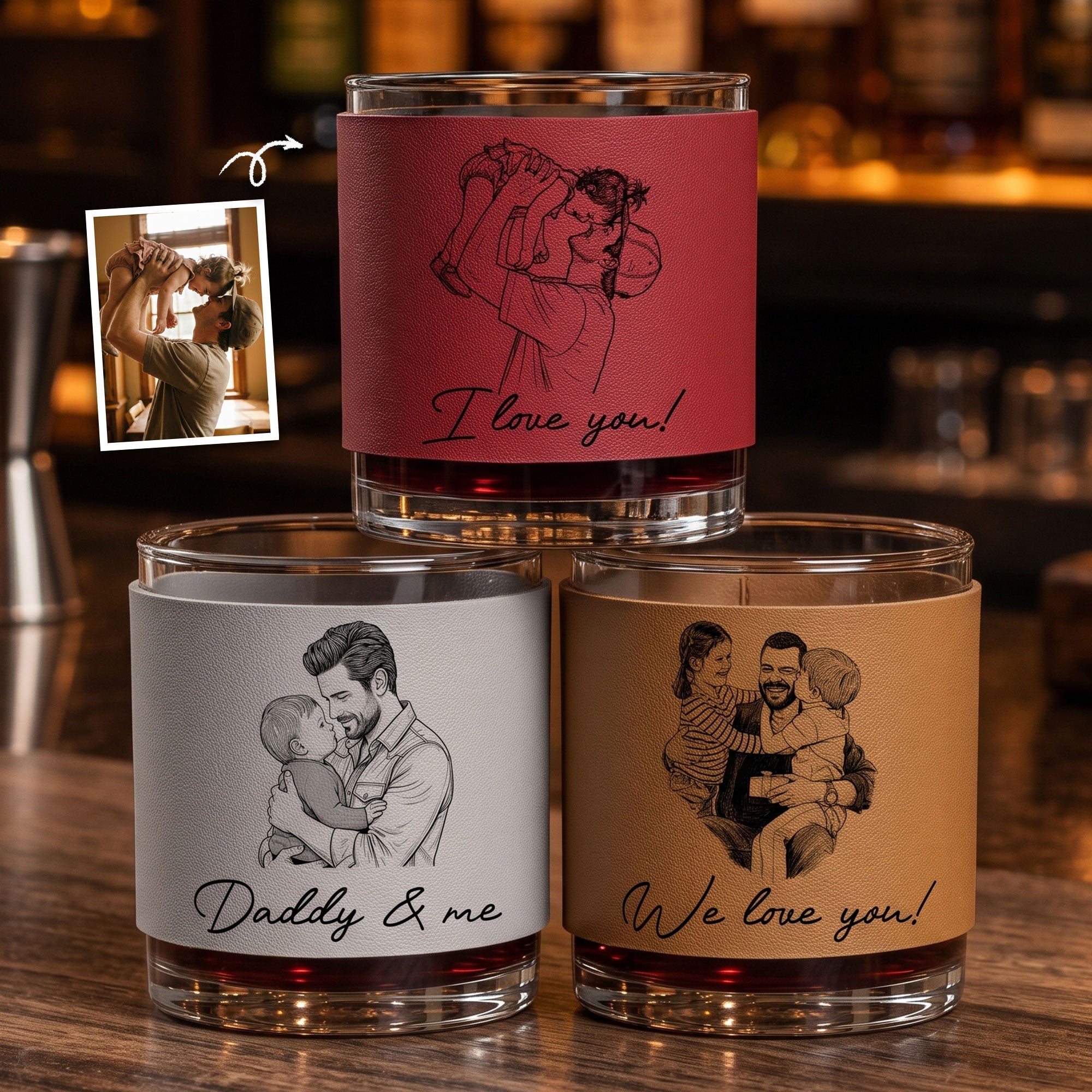 Custom Photo Sketch Line Art Father's Day Gift For Husband, Daddy - Personalized Whiskey Glass