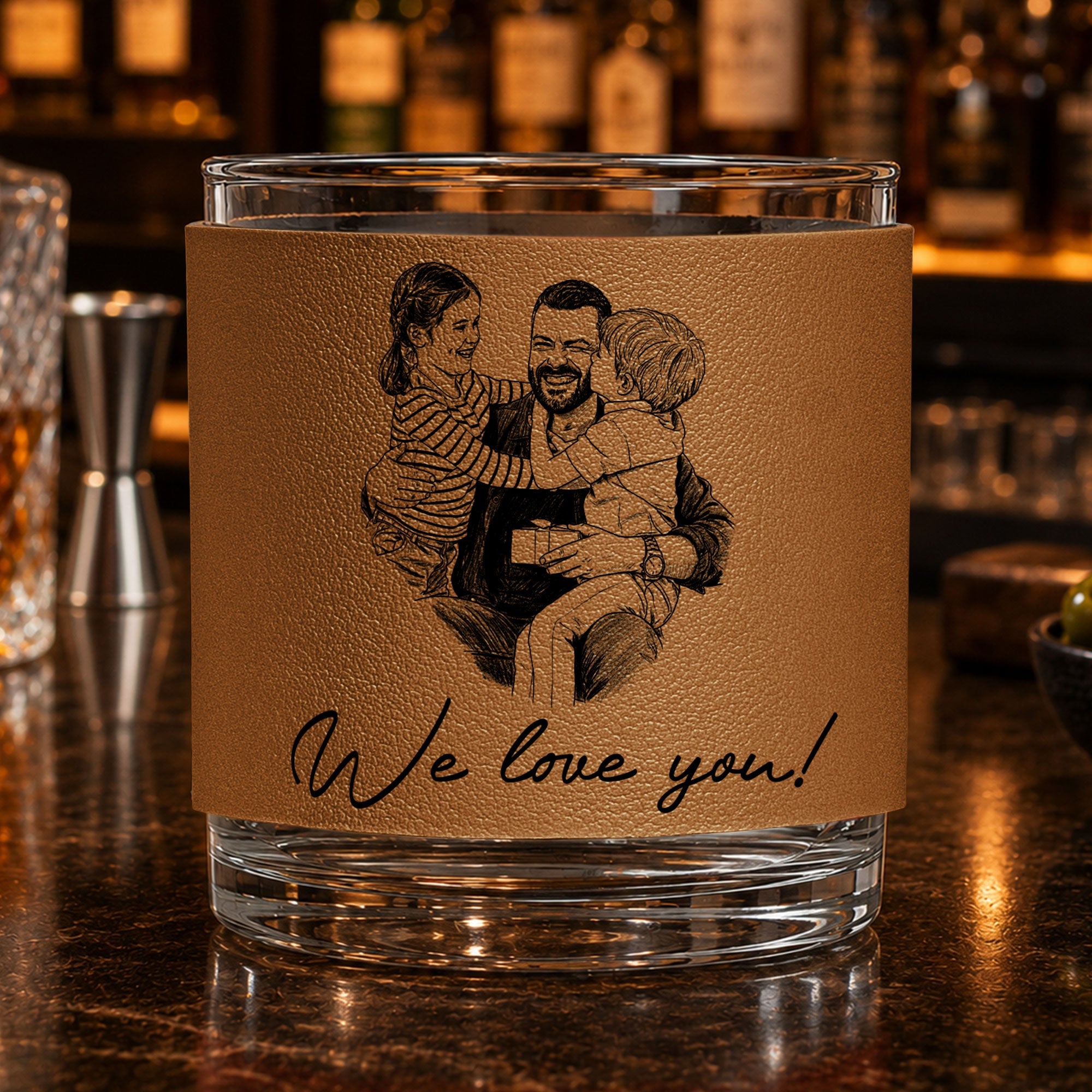 Custom Photo Sketch Line Art Father's Day Gift For Husband, Daddy - Personalized Whiskey Glass