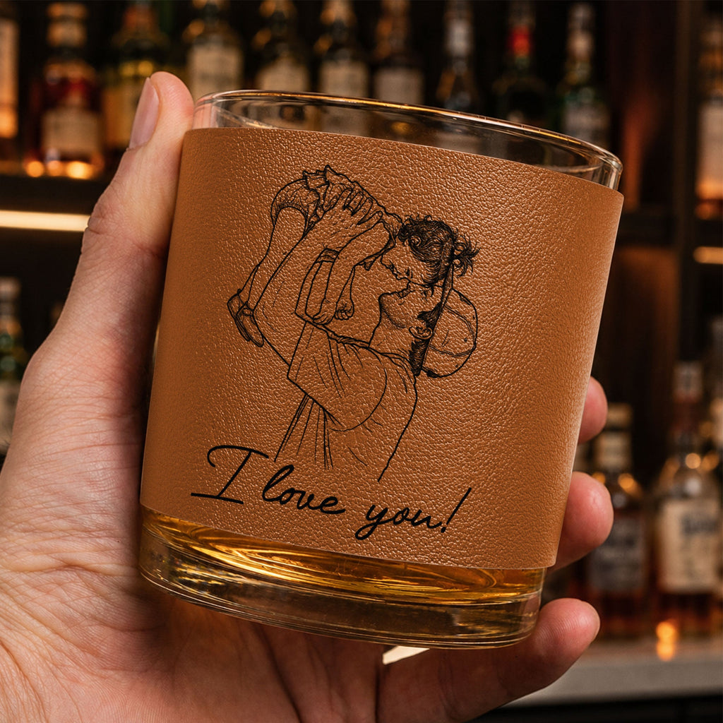 Custom Photo Sketch Line Art Father's Day Gift For Husband, Daddy - Personalized Whiskey Glass