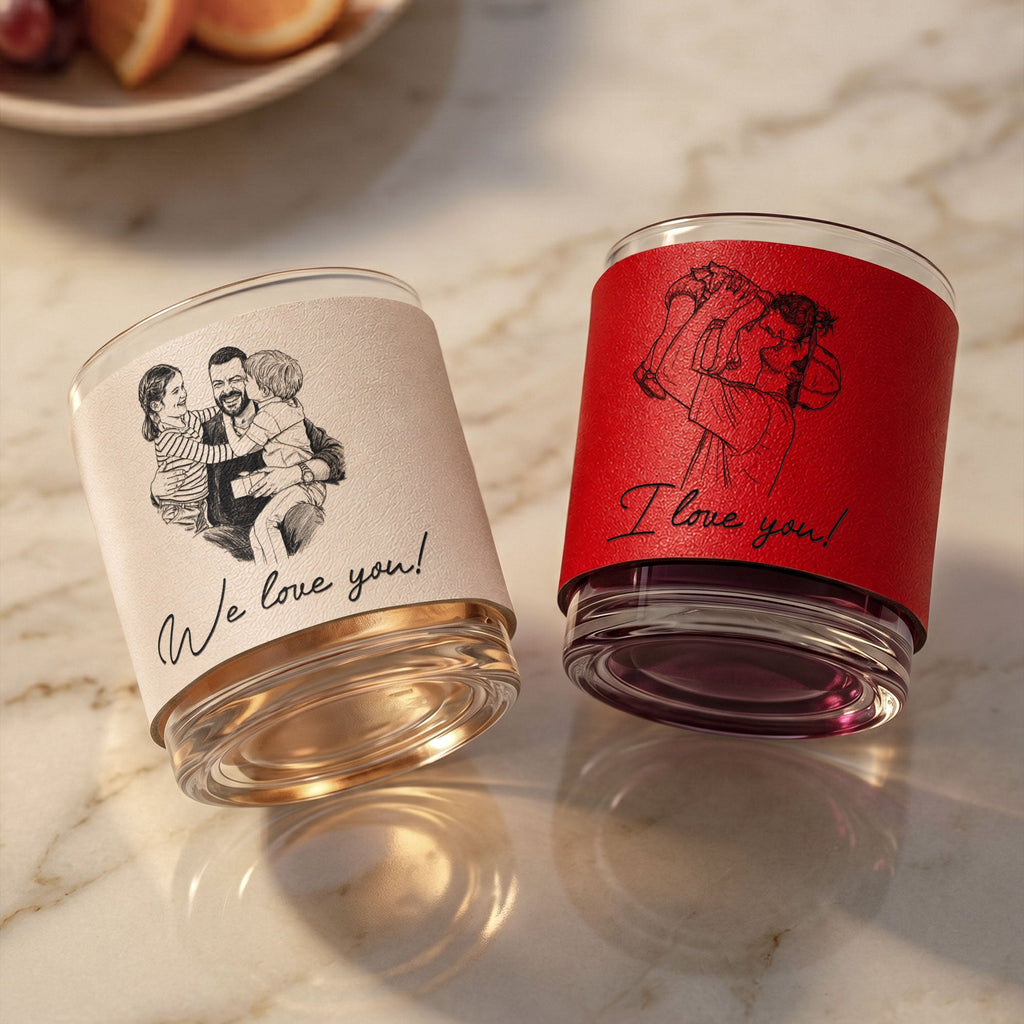 Custom Photo Sketch Line Art Father's Day Gift For Husband, Daddy - Personalized Whiskey Glass