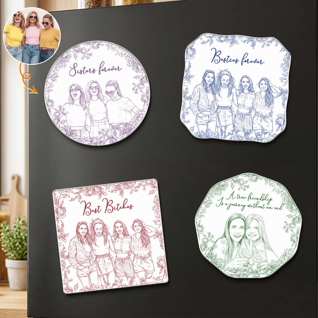 Custom Photo Sketch Line Art Gift For Friends, Soul Sisters - Personalized Magnet