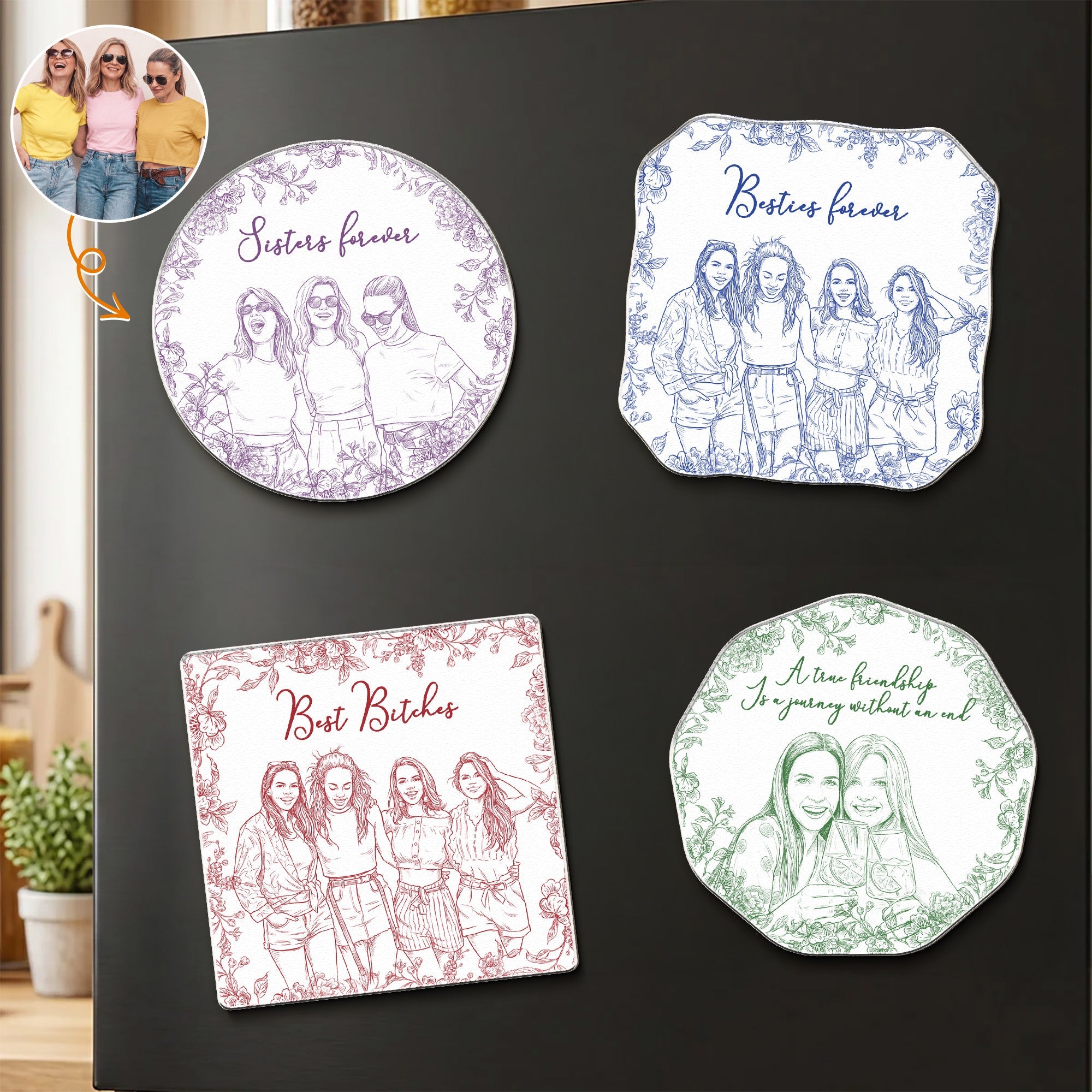 Custom Photo Sketch Line Art Gift For Friends, Soul Sisters - Personalized Magnet
