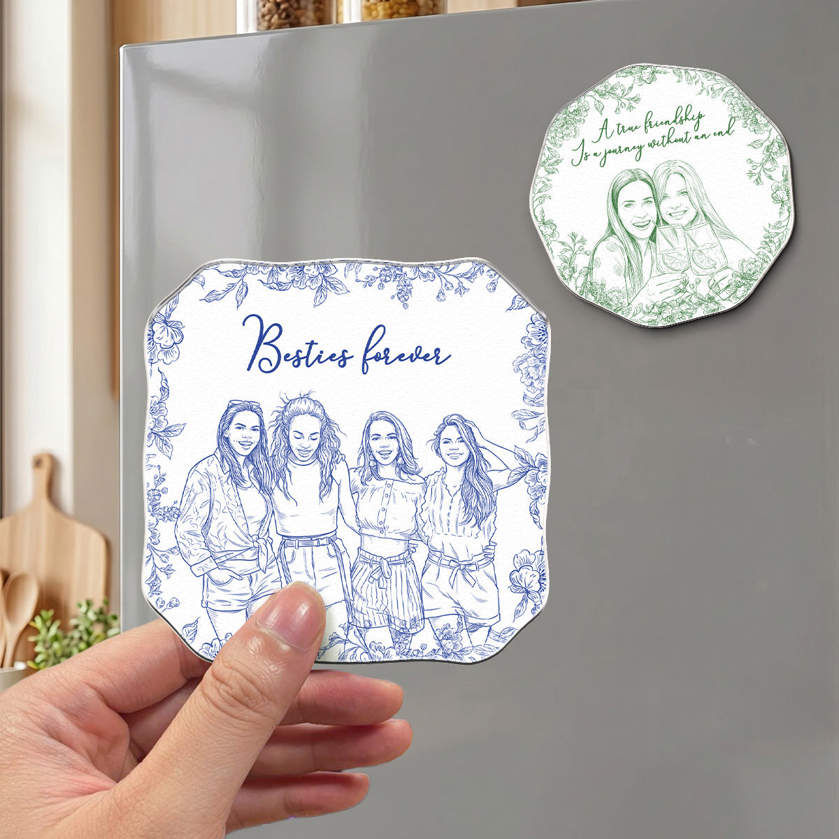 Custom Photo Sketch Line Art Gift For Friends, Soul Sisters - Personalized Magnet