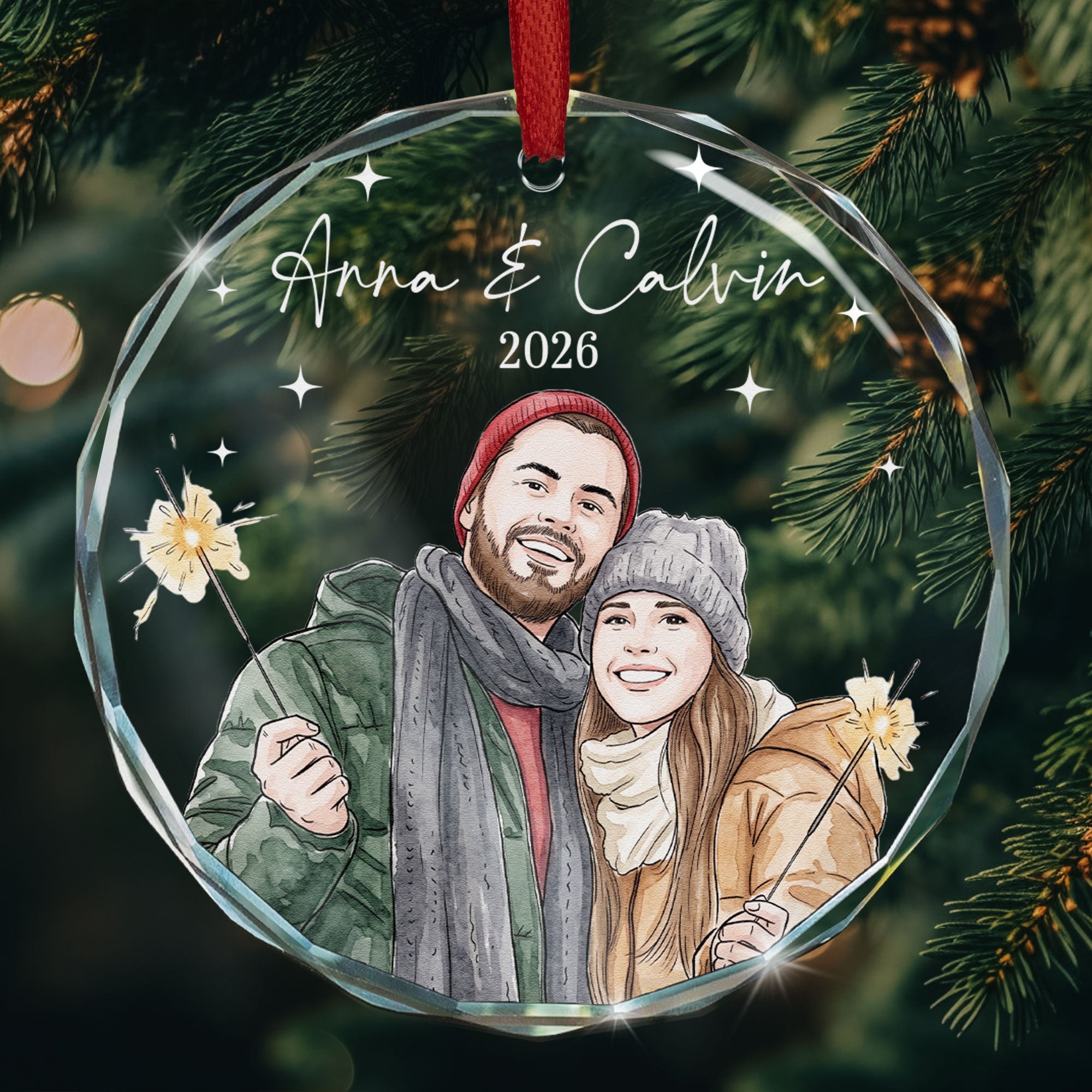 Custom Couple Photo Watercolor Our First Christmas - Personalized Ornament