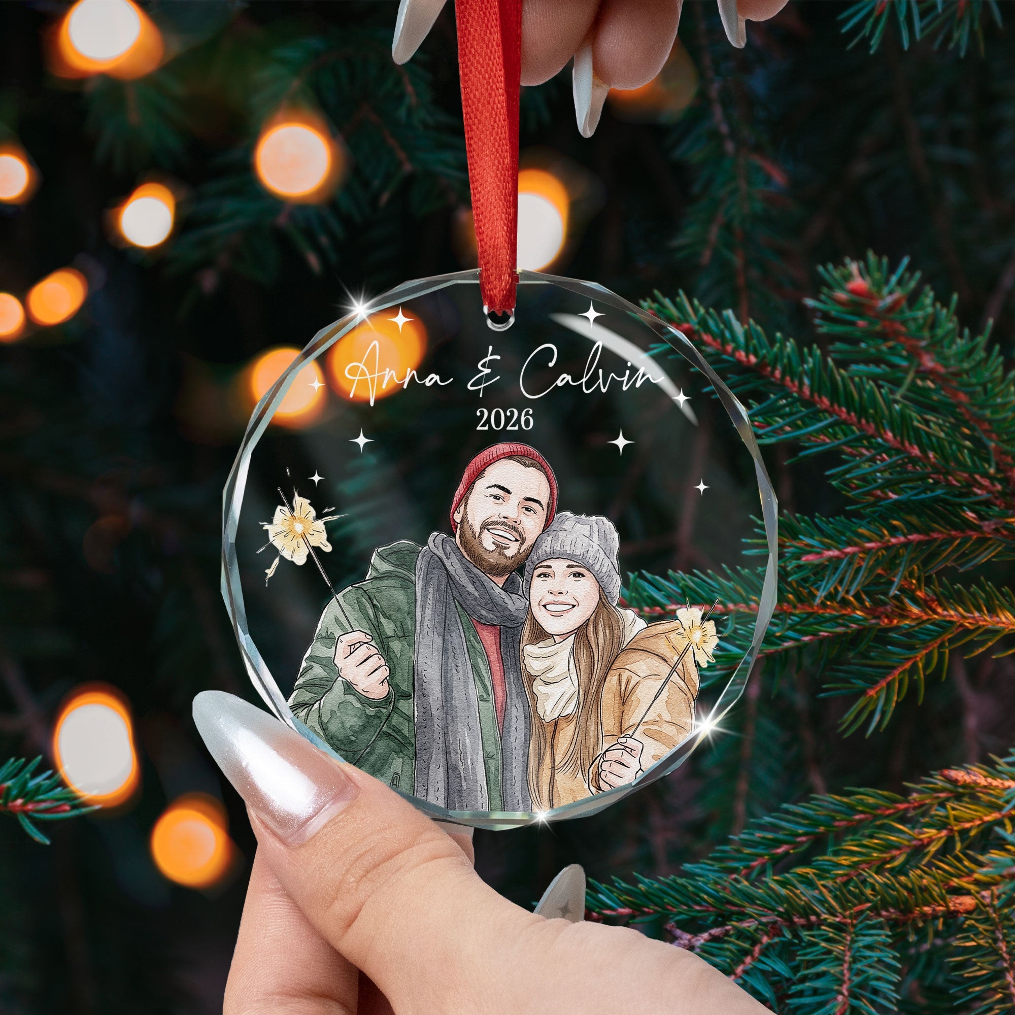 Custom Couple Photo Watercolor Our First Christmas - Personalized Ornament