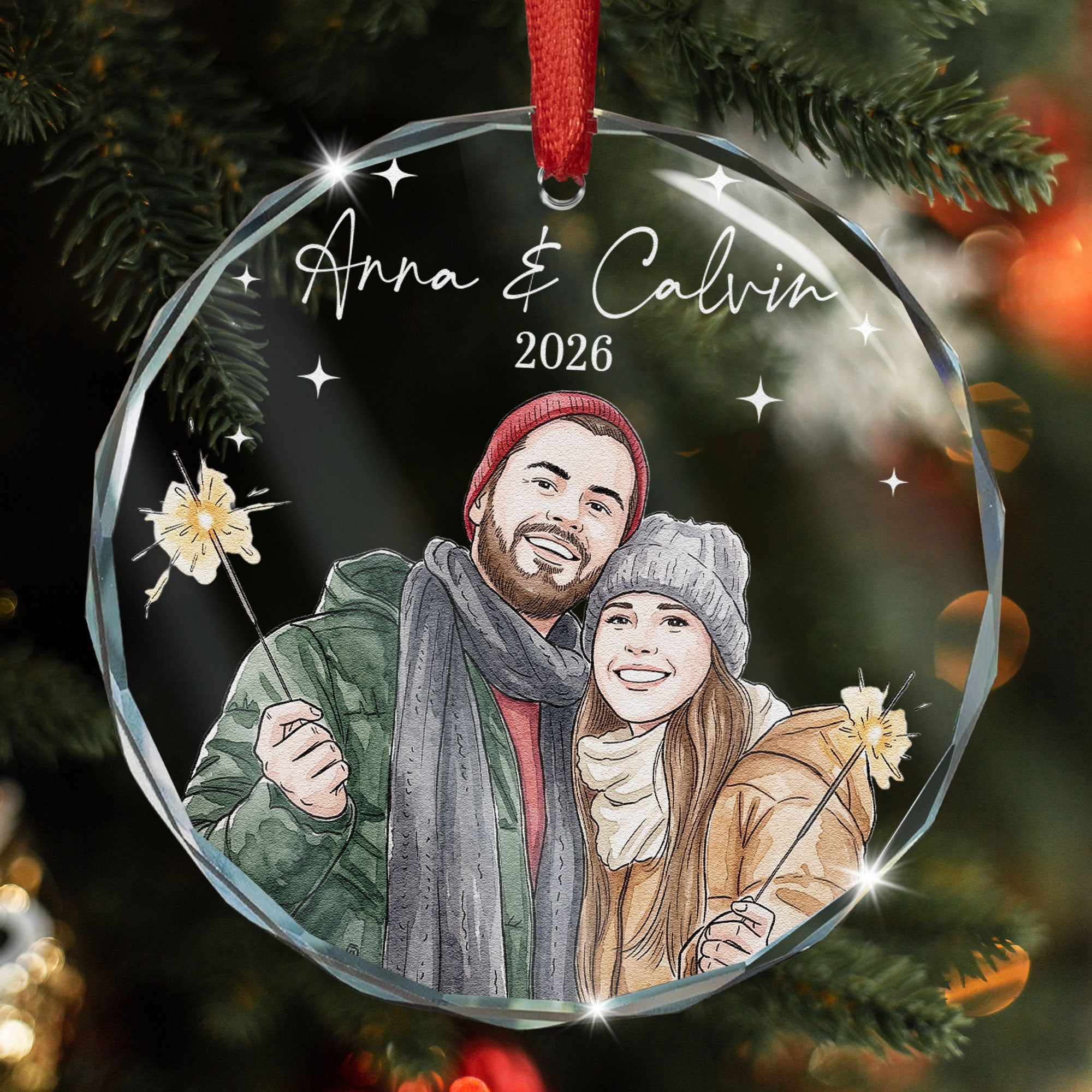 Custom Couple Photo Watercolor Our First Christmas - Personalized Ornament