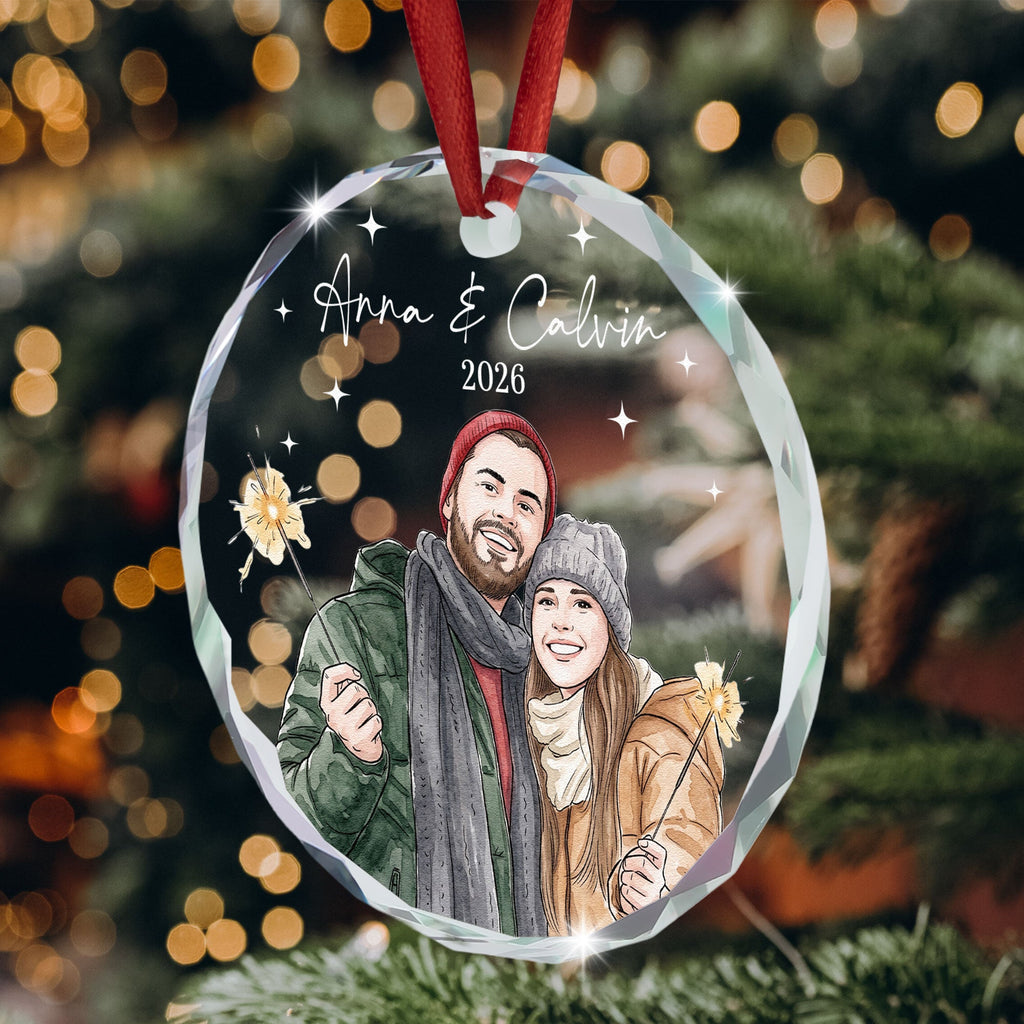Custom Couple Photo Watercolor Our First Christmas - Personalized Ornament