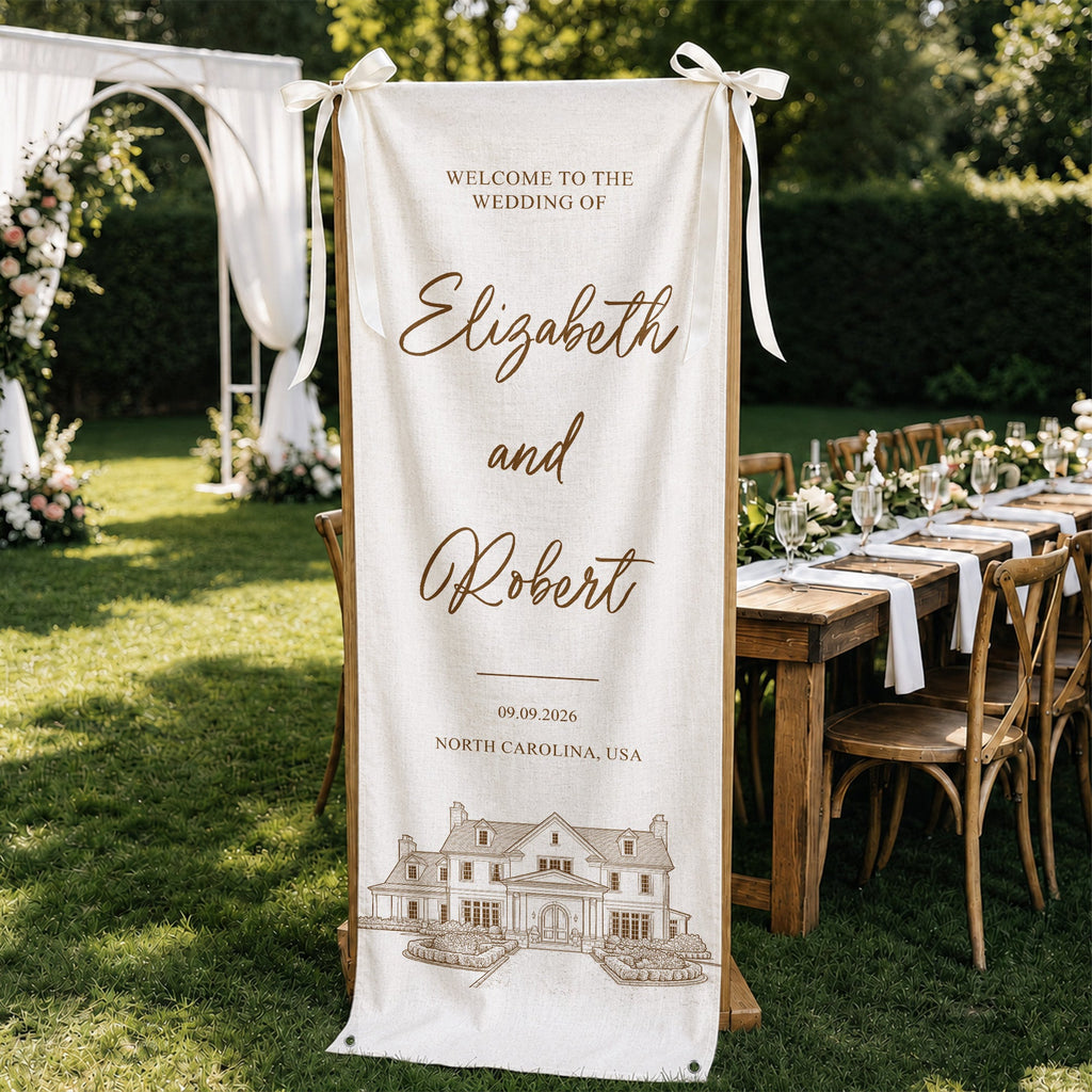 Custom Photo Wedding Venue Illustration Drawing Wedding Sign - Personalized Welcome Sign