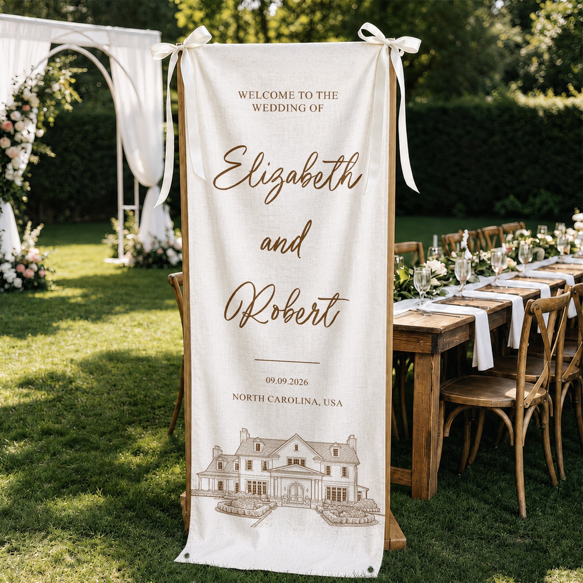 Custom Photo Wedding Venue Illustration Drawing Wedding Sign - Personalized Welcome Sign