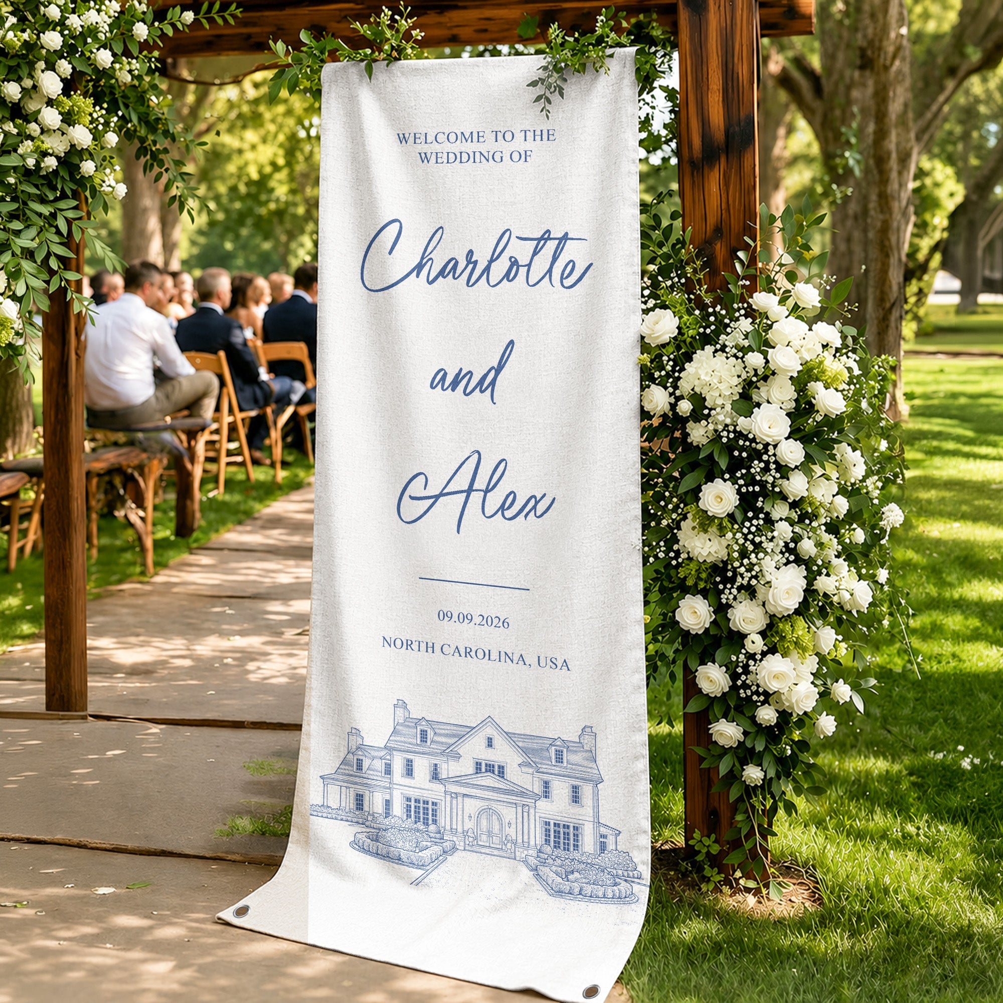 Custom Photo Wedding Venue Illustration Drawing Wedding Sign - Personalized Welcome Sign