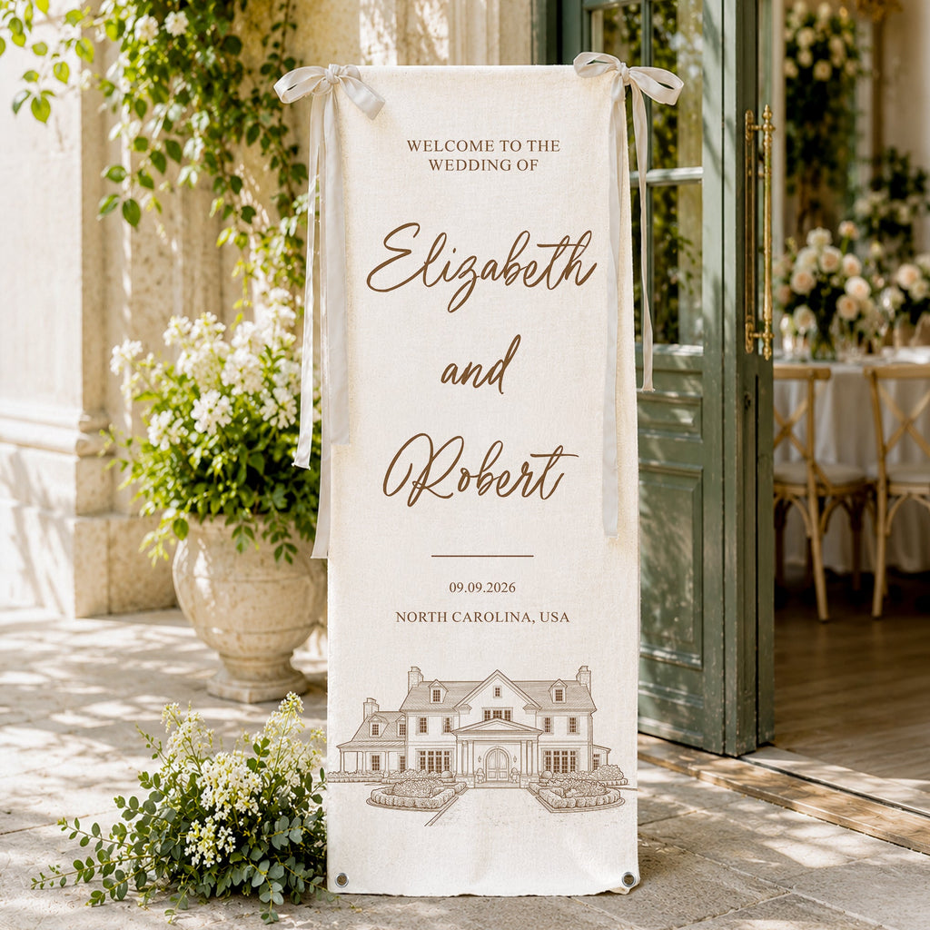 Custom Photo Wedding Venue Illustration Drawing Wedding Sign - Personalized Welcome Sign