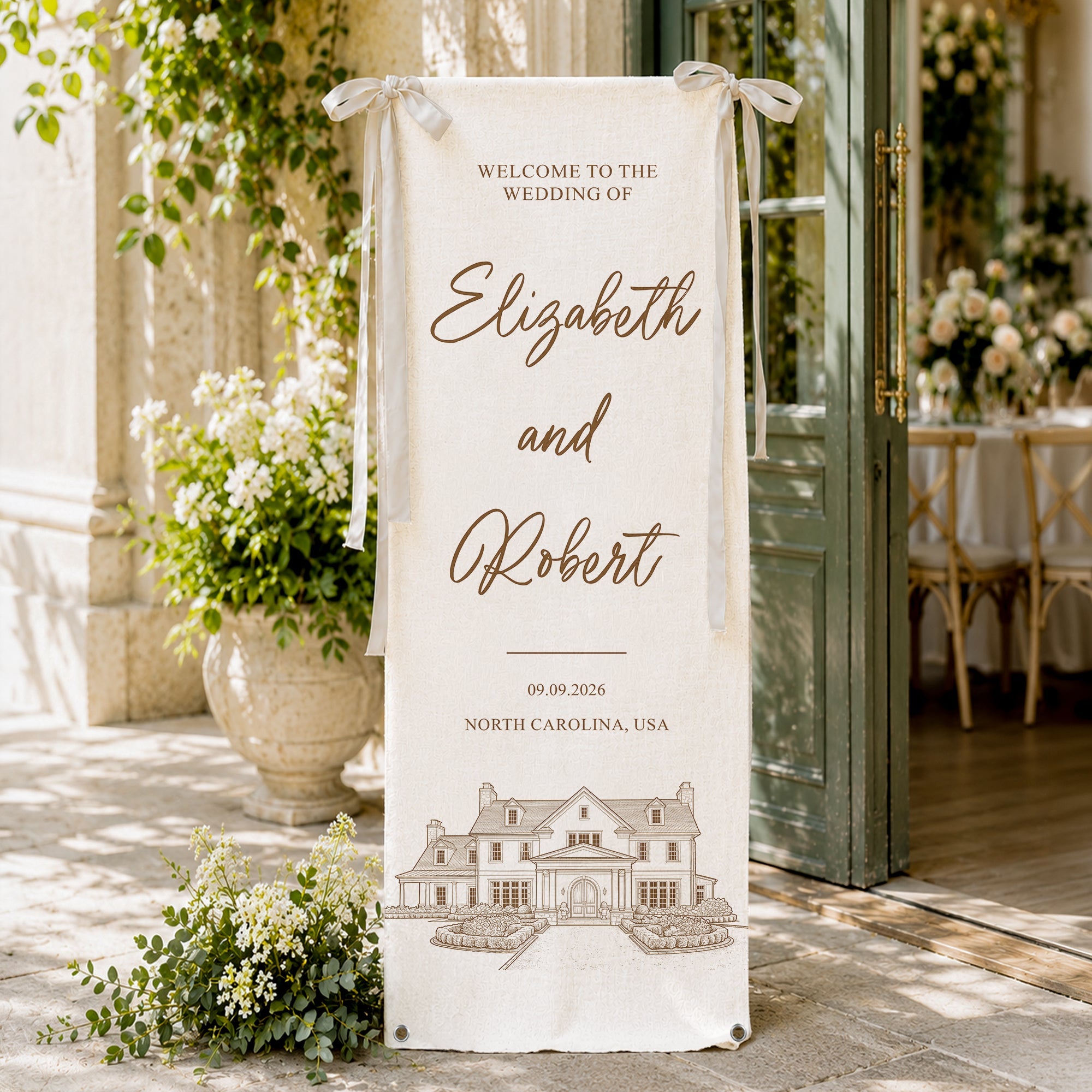 Custom Photo Wedding Venue Illustration Drawing Wedding Sign - Personalized Welcome Sign