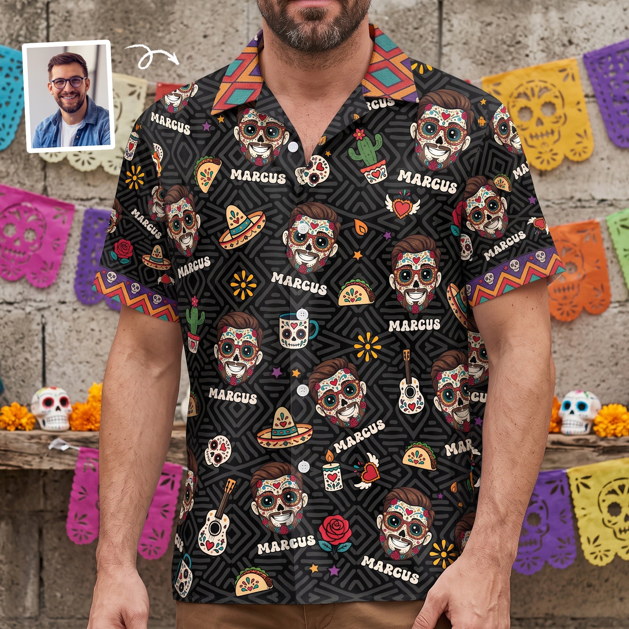 Custom Portrait Sugar Skeleton Hispanic Mexican Flowers - Personalized Hawaiian Shirt