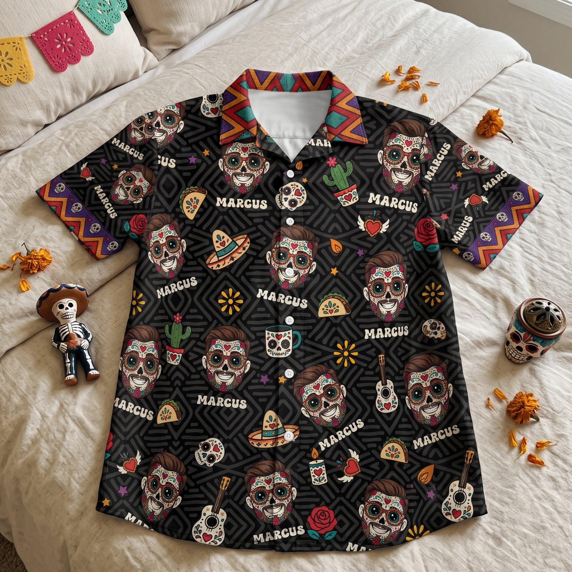Custom Portrait Sugar Skeleton Hispanic Mexican Flowers - Personalized Hawaiian Shirt