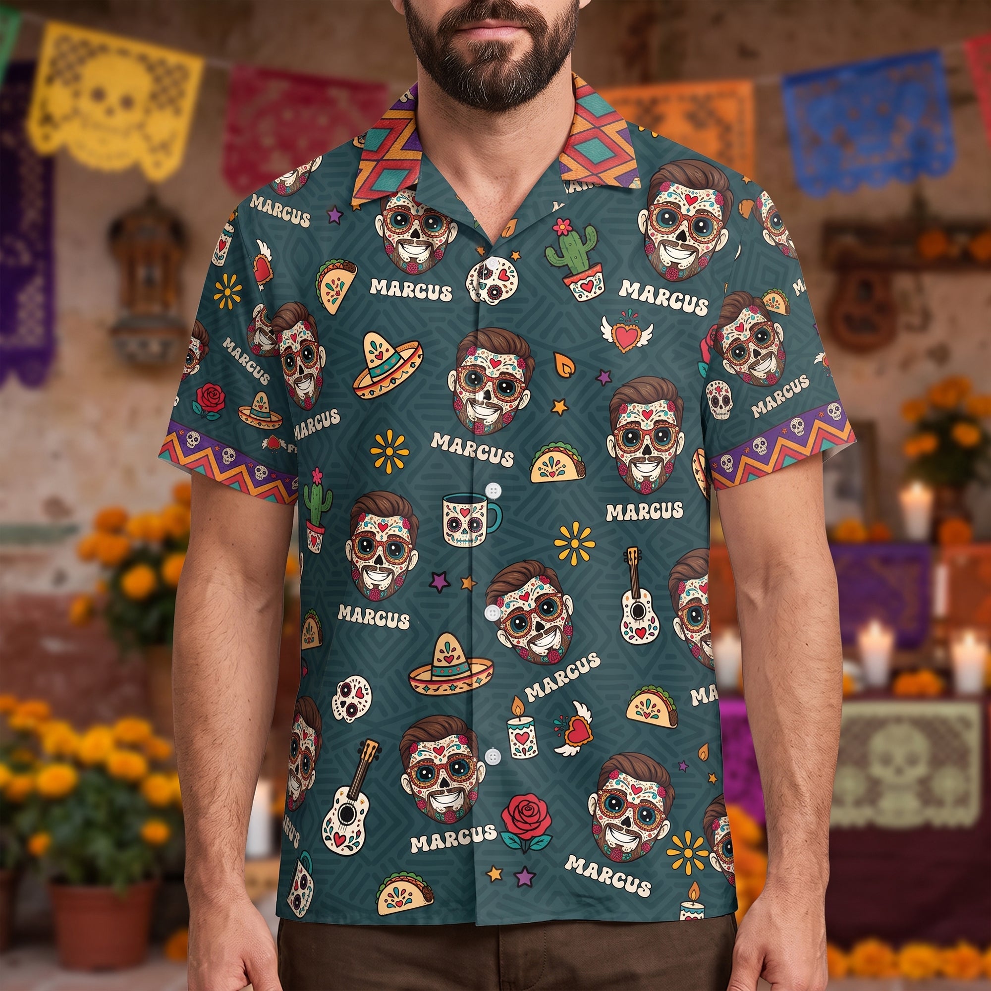 Custom Portrait Sugar Skeleton Hispanic Mexican Flowers - Personalized Hawaiian Shirt