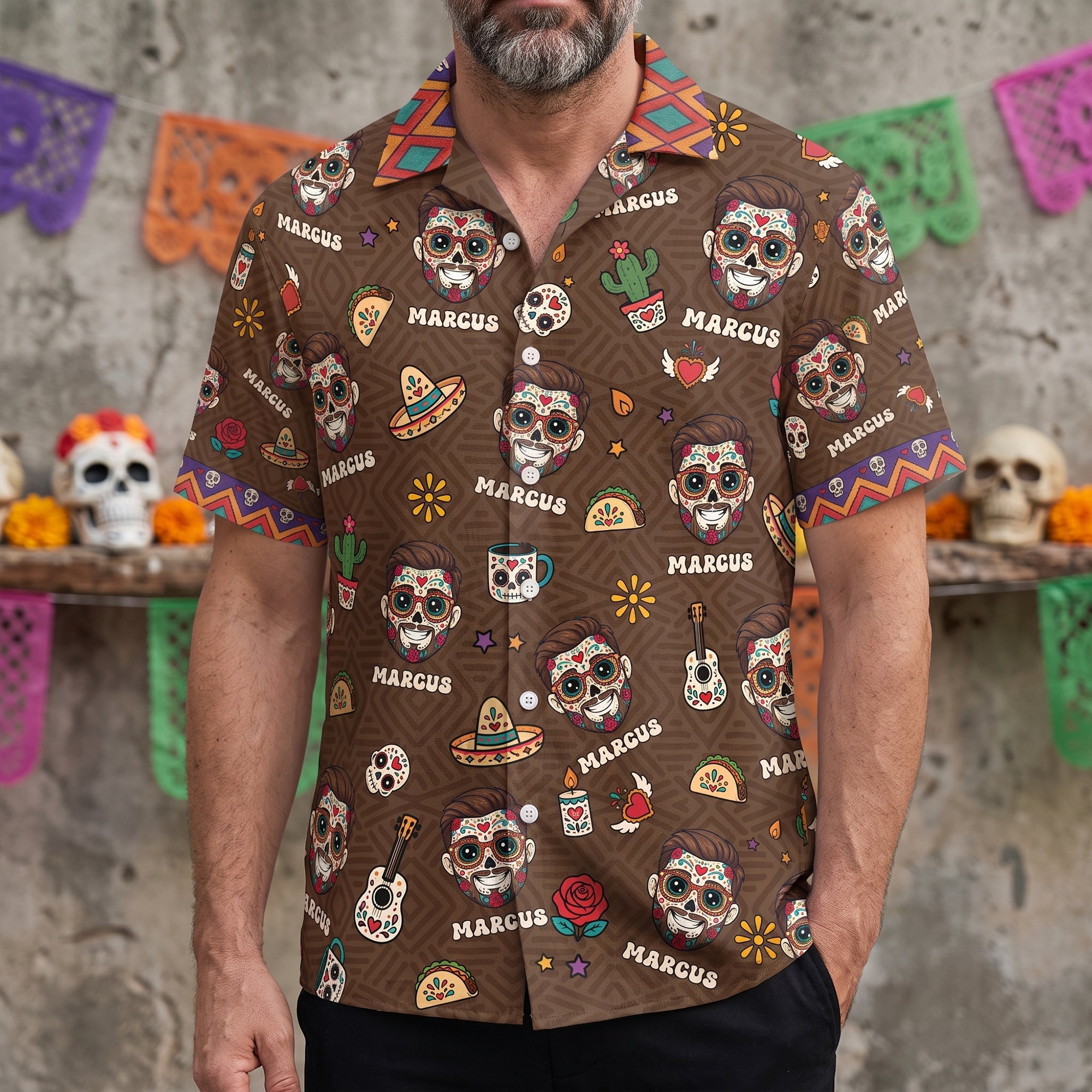 Custom Portrait Sugar Skeleton Hispanic Mexican Flowers - Personalized Hawaiian Shirt